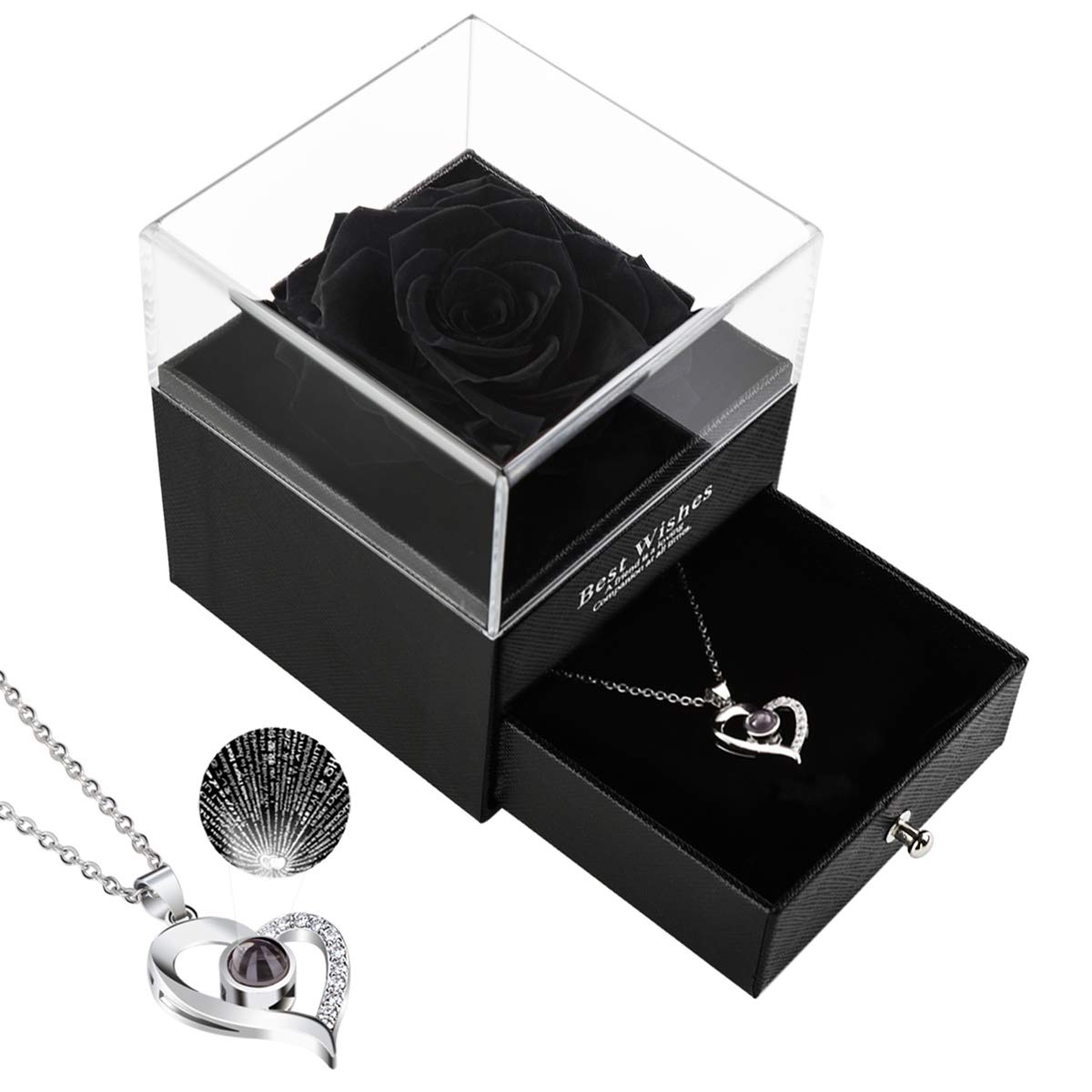 Handmade Preserved Rose Necklace Gift Box - Real Flower Jewelry for Women, Birthday Gifts for Her in 100 Languages (Black) | Perfect for Anniversaries, Valentine's Day & Romantic Occasions
