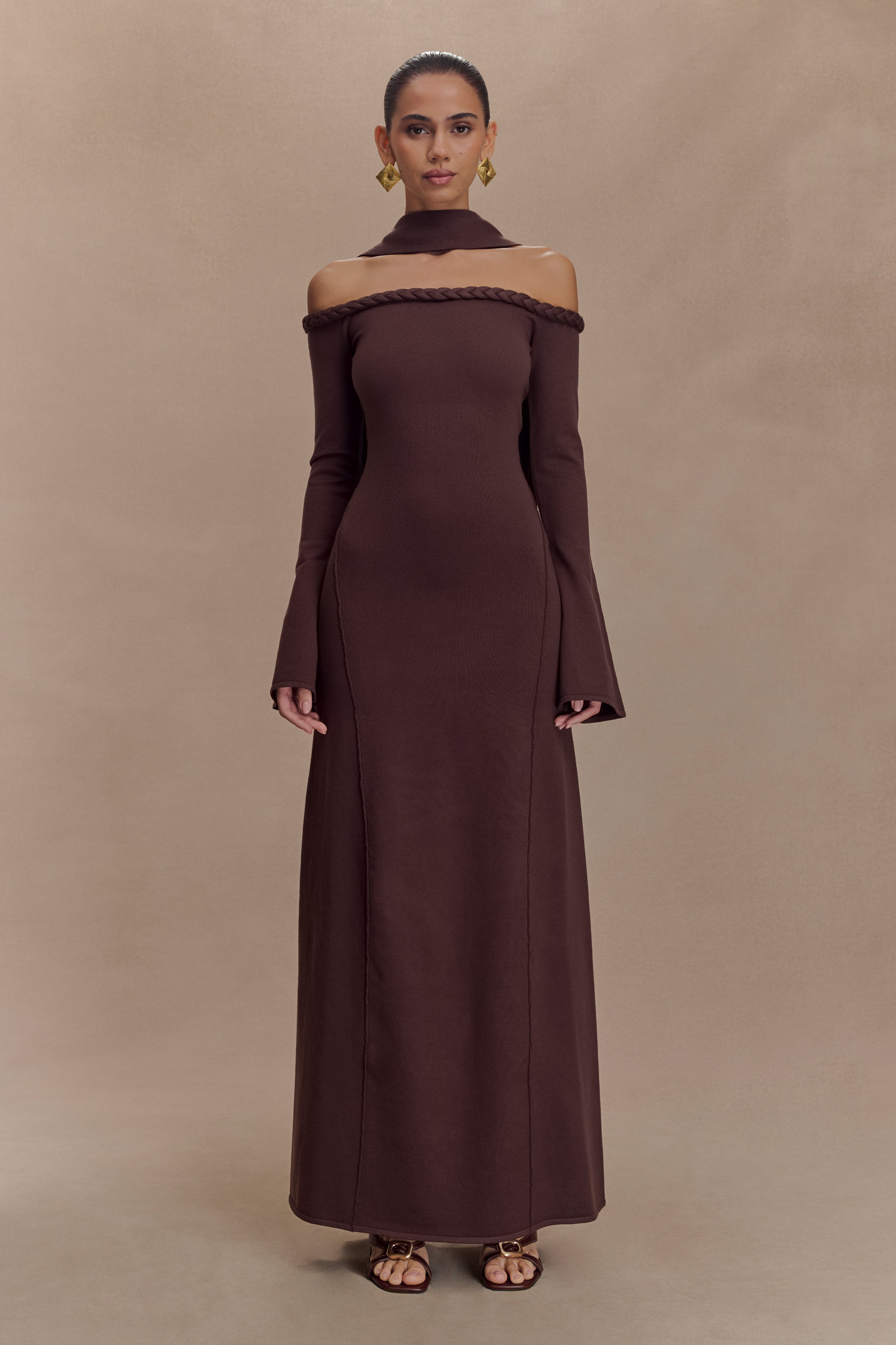 Heidi Strapless Knit Scarf Maxi Dress in Dark Chocolate - Elegant Summer Beach Wedding Party Outfit