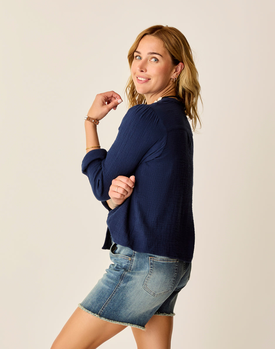 Tatum Double Gauze Shirt for Women - Soft Breathable Navy Blue Casual Top | Perfect for Summer Outfits, Beach Wear & Boho Style Fashion