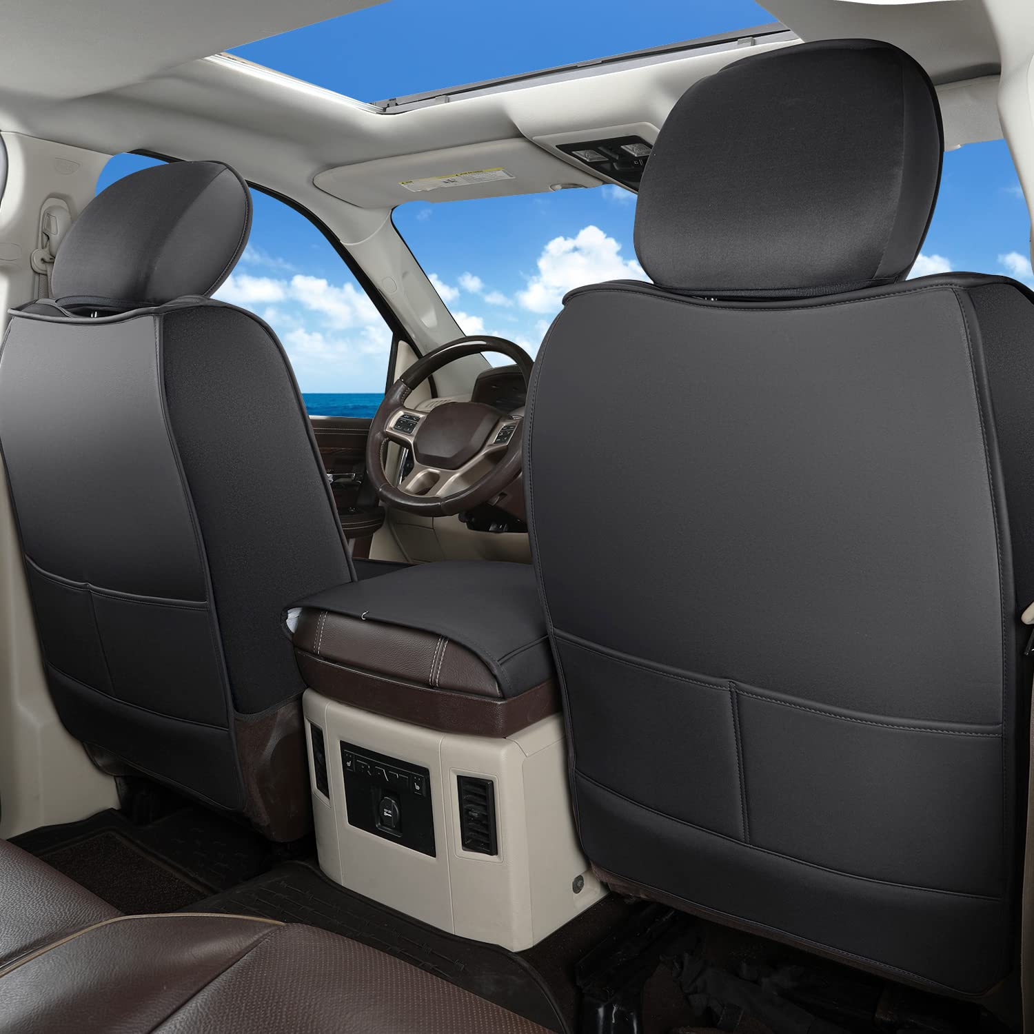 Premium Waterproof Leather Seat Covers for Dodge Ram Trucks - Custom Fit for 2002-2018 Ram 1500 & 2002-2023 Ram 2500/3500 Crew/Mega Cab - Full Set Luxury Protection - Perfect for Off-Roading, Work Trucks & Daily Commutes