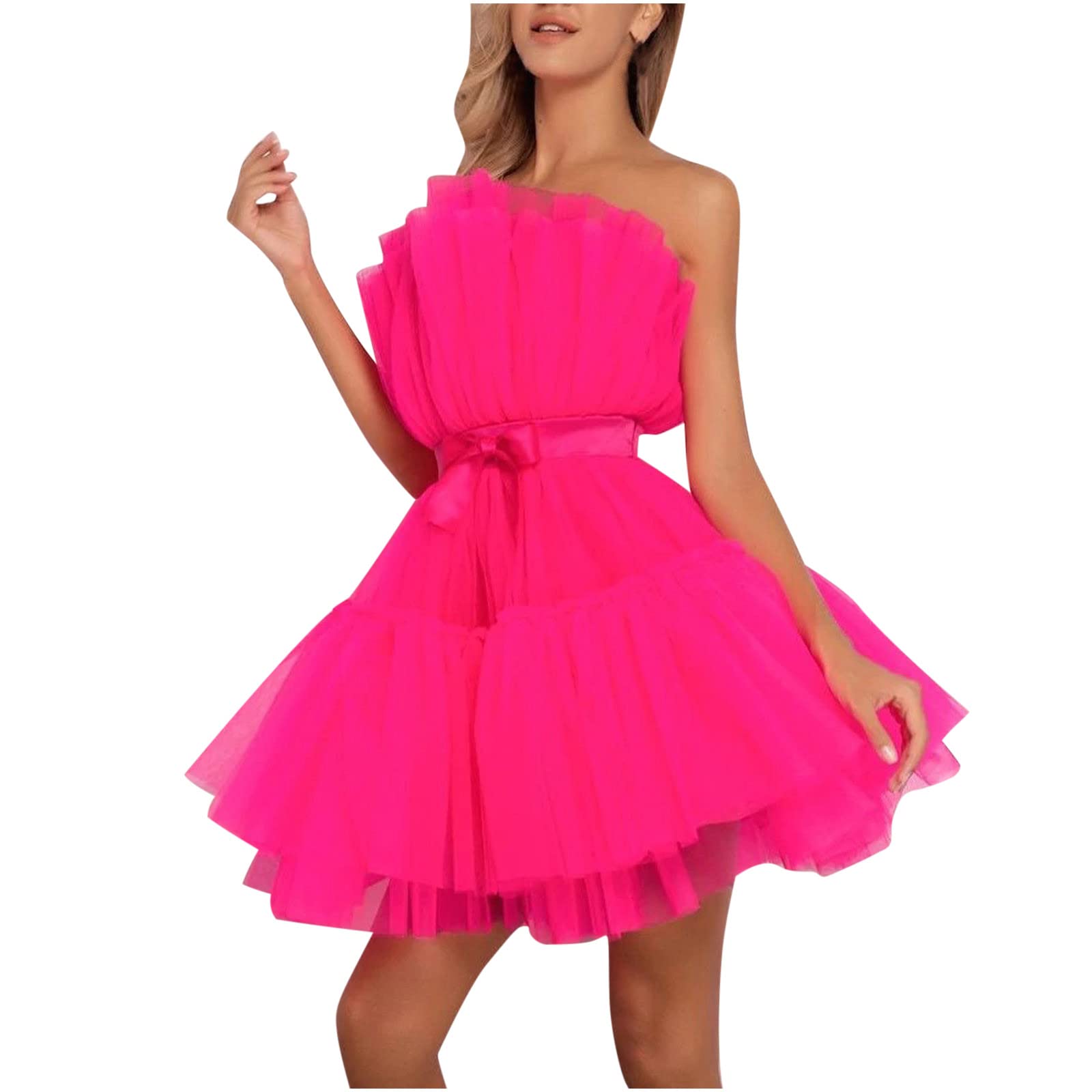 Elegant Women's Party & Casual Tulle Sleeveless Mini Dress - Solid Mesh Princess Steapless Holiday Dress for Night Out, Wedding Guest & Cocktail Events