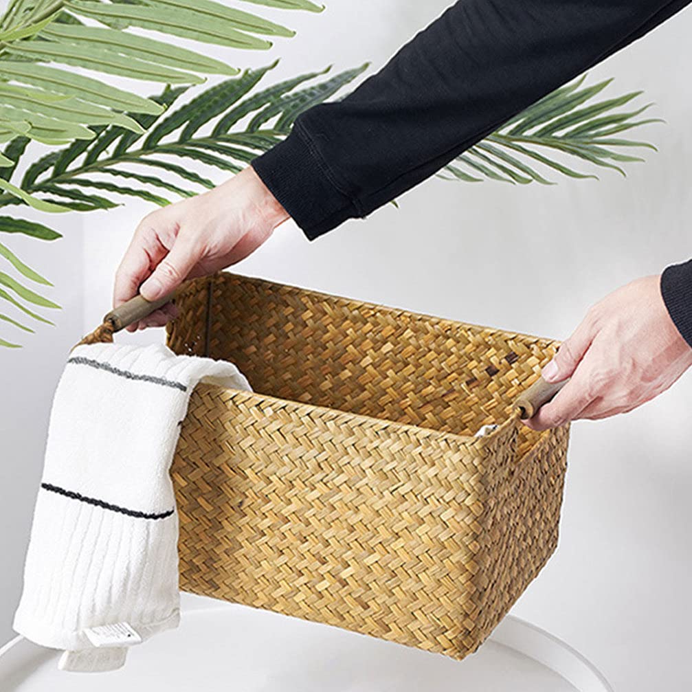 Stylish Woven Rattan Storage Basket with Lid - Nordic Home Decor for Wardrobe, Grocery & Organizing - Hyacinth Seaweed Design