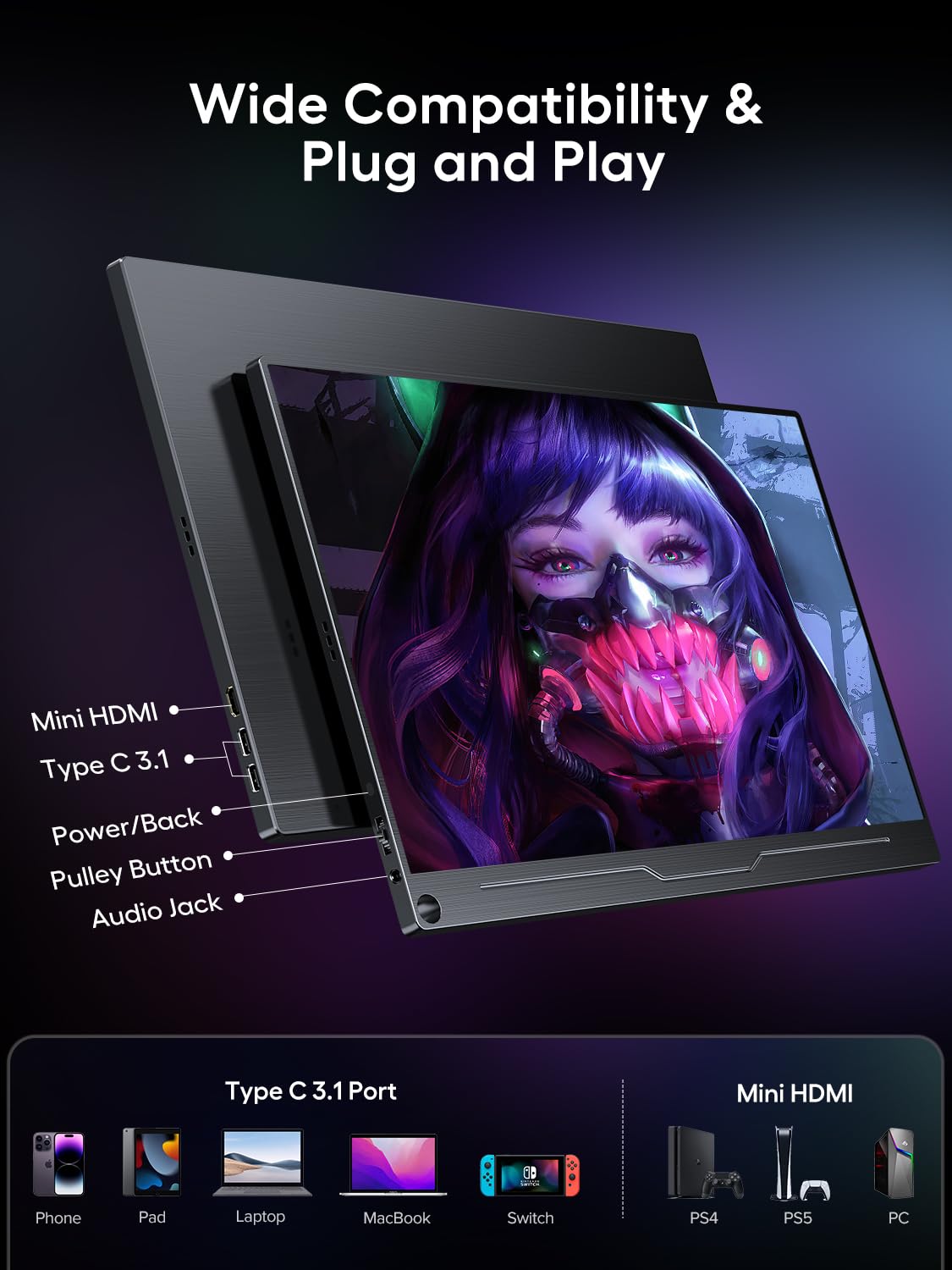 UPERFECT 18.5 Inch Portable Monitor - 120Hz Full HD 1920x1080 IPS Screen USB-C Mini HDMI for Mac PC Laptop Phone PS5 Xbox - VESA Mount Compatible - Perfect for Gaming, Work & Travel