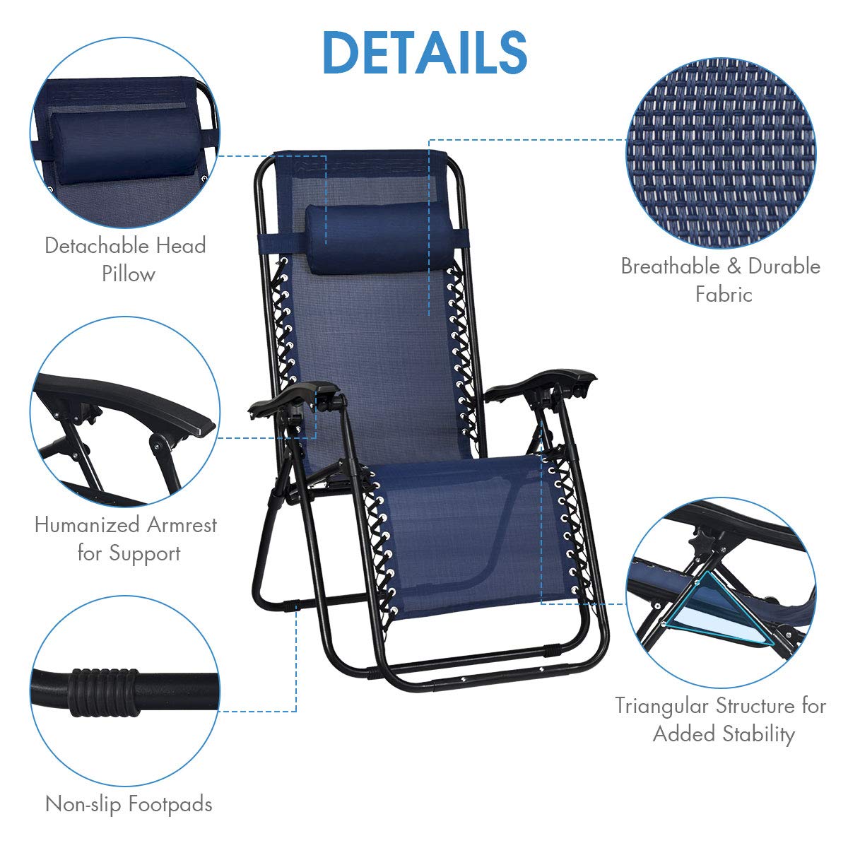 3PCS Zero Gravity Lounge Chairs for Patio, Outdoor, Pool & Yard - Adjustable Reclining Folding Chaise with Side Table - Navy Blue - Perfect for Relaxing, Sunbathing & Backyard Lounging