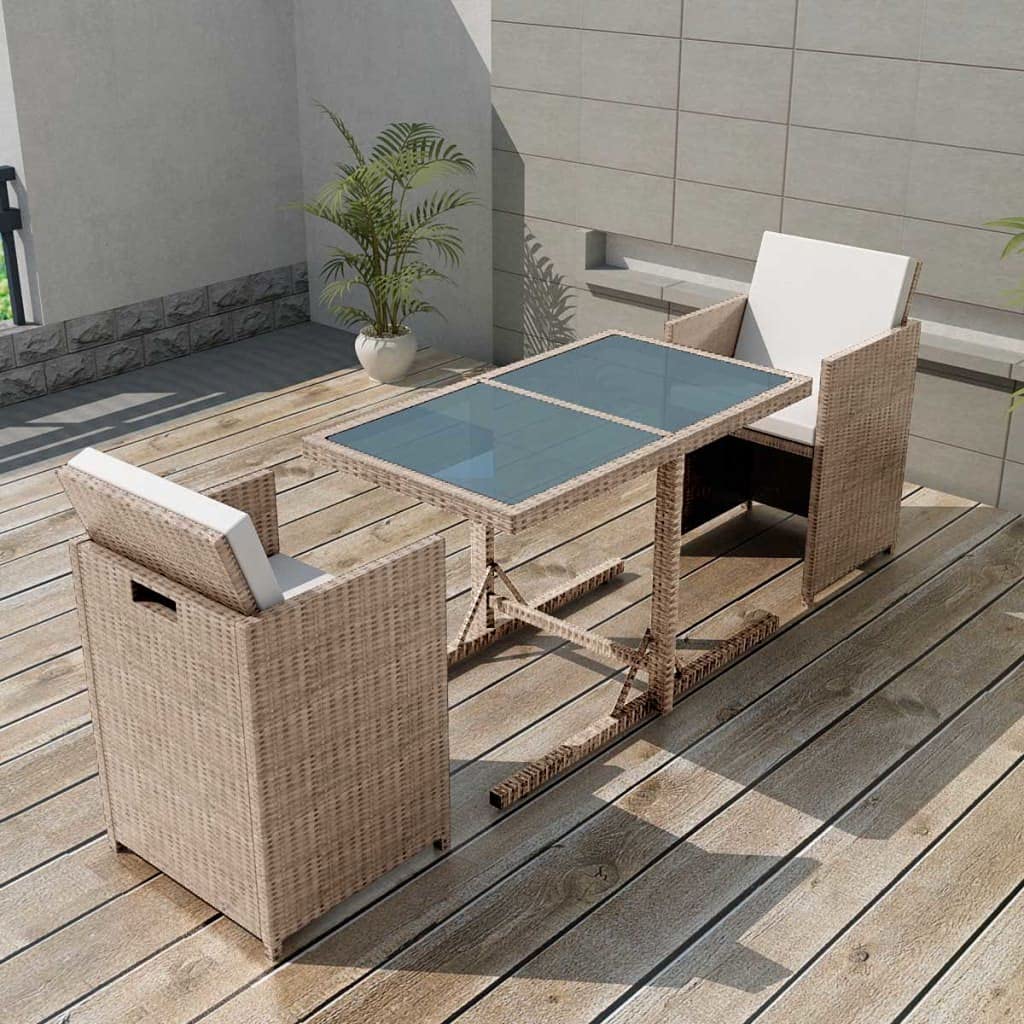 3-Piece Bistro Set with Cushions - Weather-Resistant Poly Rattan Patio Furniture in Beige - Perfect for Outdoor Dining, Garden, Balcony or Poolside Relaxation