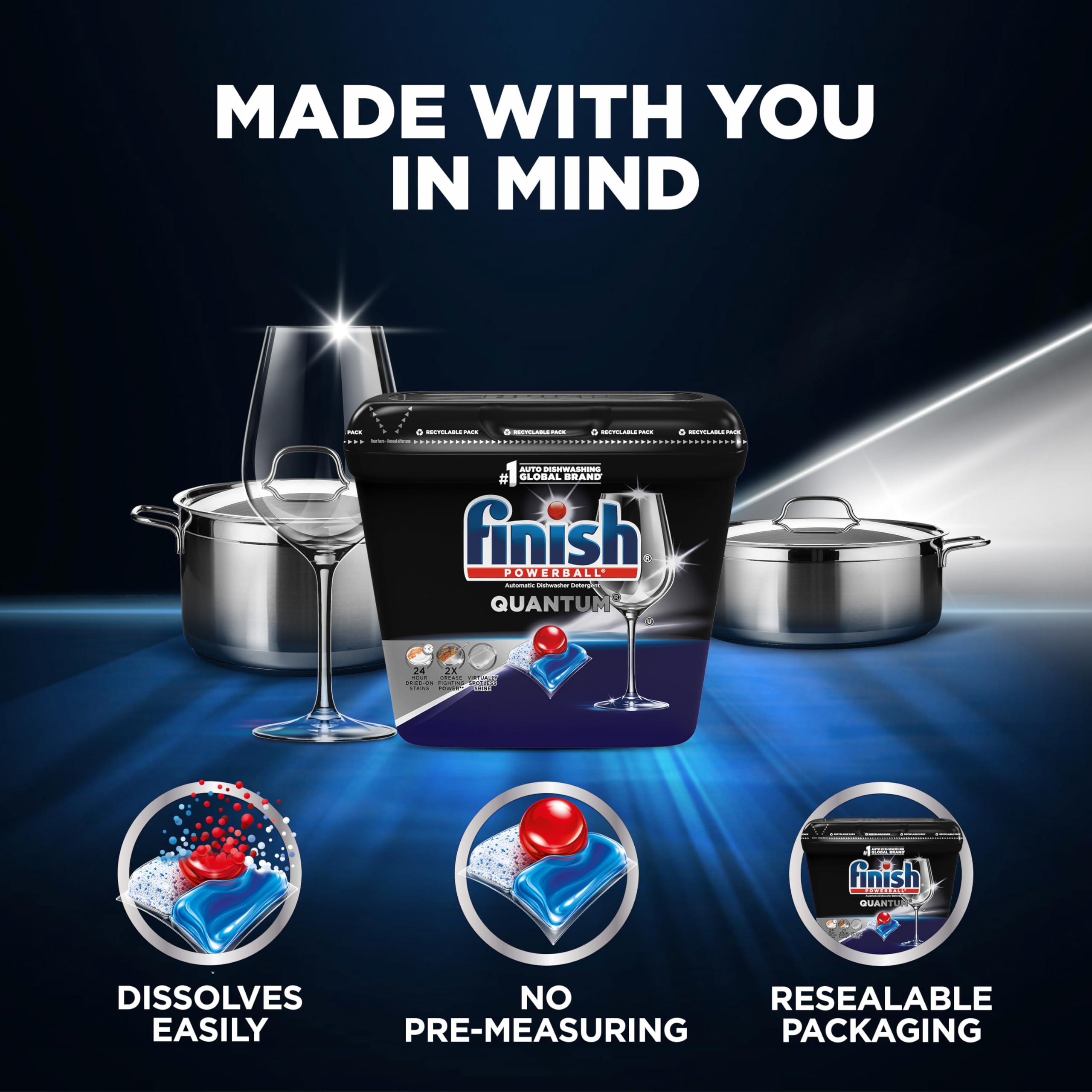 Finish Quantum Dishwasher Pods - 82 Count | No Pre-Rinse Dishwasher Detergent Soap | Removes 24HR Dried-On Stains & Grease | Leaves Spotless Shine | Perfect for Daily Use & Tough Cleaning in Homes & Restaurants