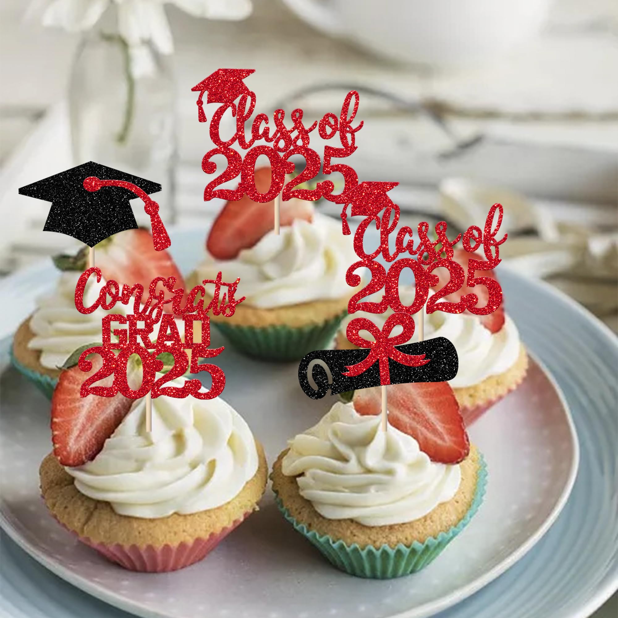 24 Pack 2025 Graduation Cupcake Toppers - Glitter Diploma & Congrats Grad Decorations - Class of 2025 Graduation Cap Cake Picks - Perfect for School Graduation Party, Cake Decorating Supplies (Red)