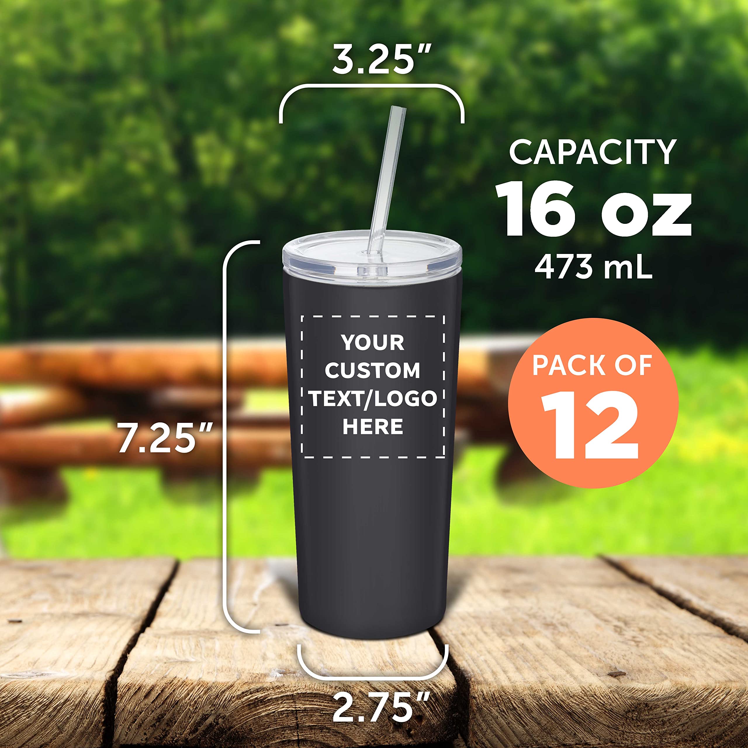 12 Pack Mira Stainless Steel Tumblers with Straws - 16oz Double Wall Insulated Cups - Custom Text/Logo Printing - BPA-Free Tritan Lid - Perfect for Office, Gym & Outdoor Activities - Black