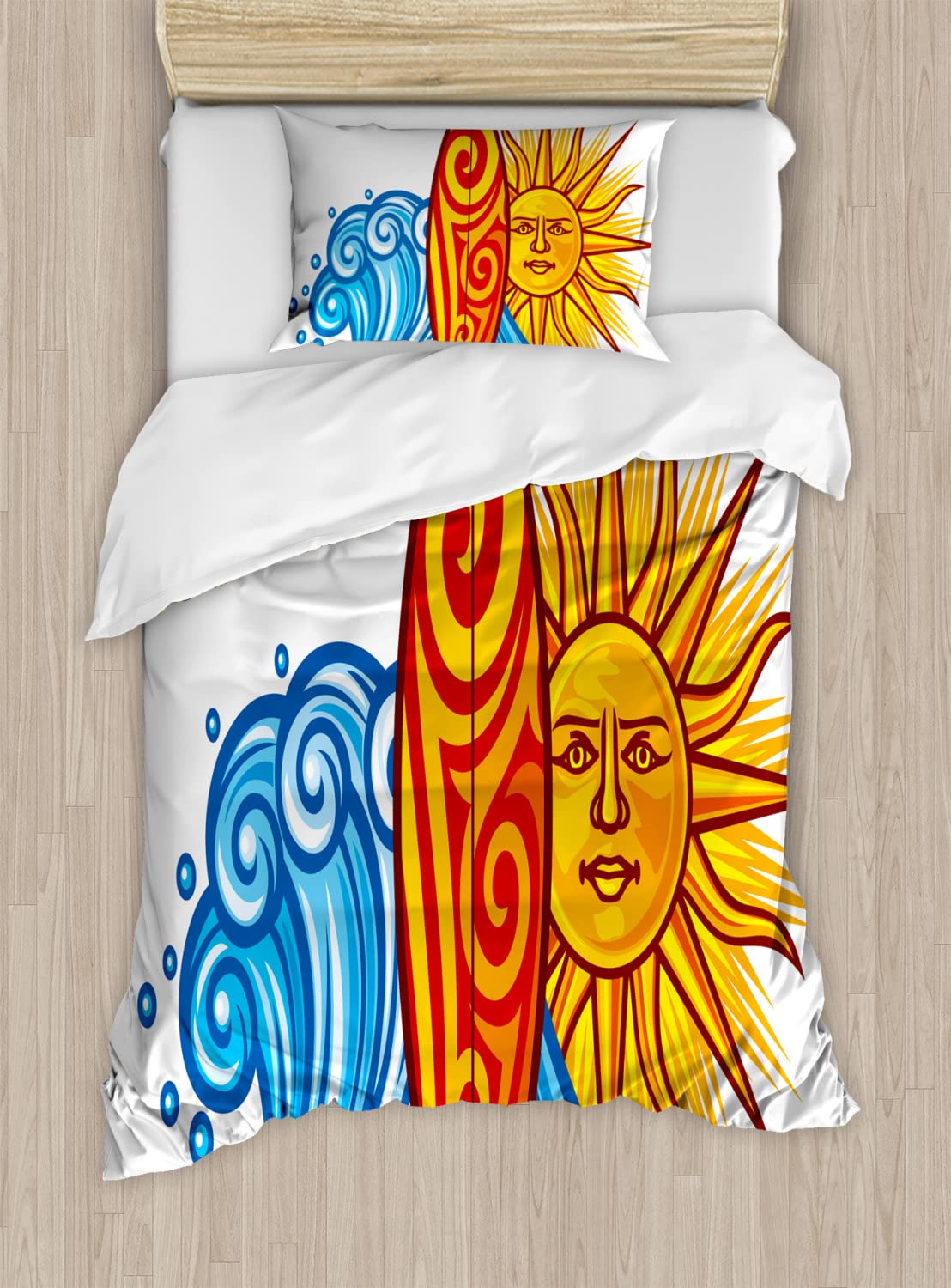 Ambesonne Ride The Wave Duvet Cover Set - Ocean Sun & Surfboard Print Twin Size Bedding (2 Duvet Covers + 2 Pillowcases) in Vibrant Vermilion Yellow & Blue | Perfect for Summer Beach House Decor, Teen Bedroom & Coastal Themed Guest Rooms