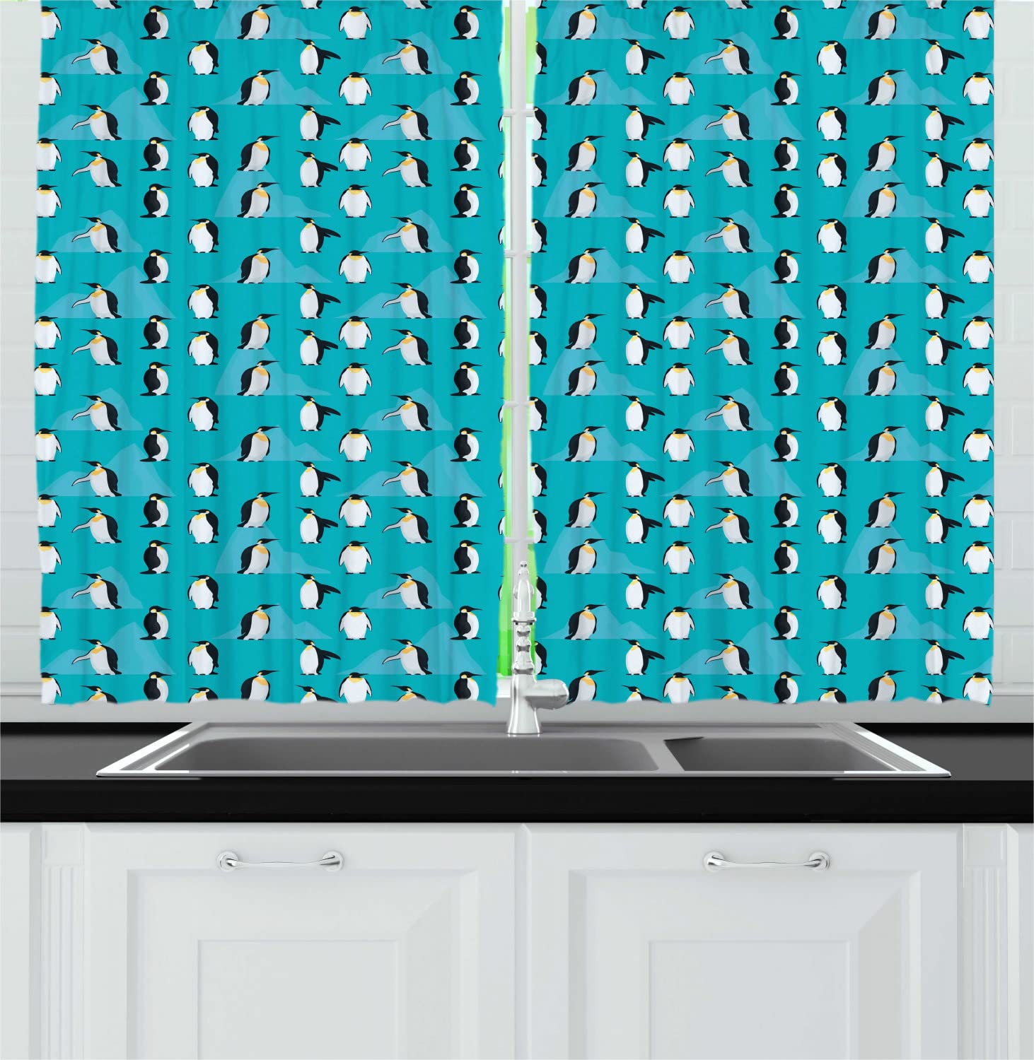 Ambesonne Turquoise Blue Long Kitchen Curtains with Icebergs & Penguins Design - 2 Panel Rod Pocket Drapes for Windows (55