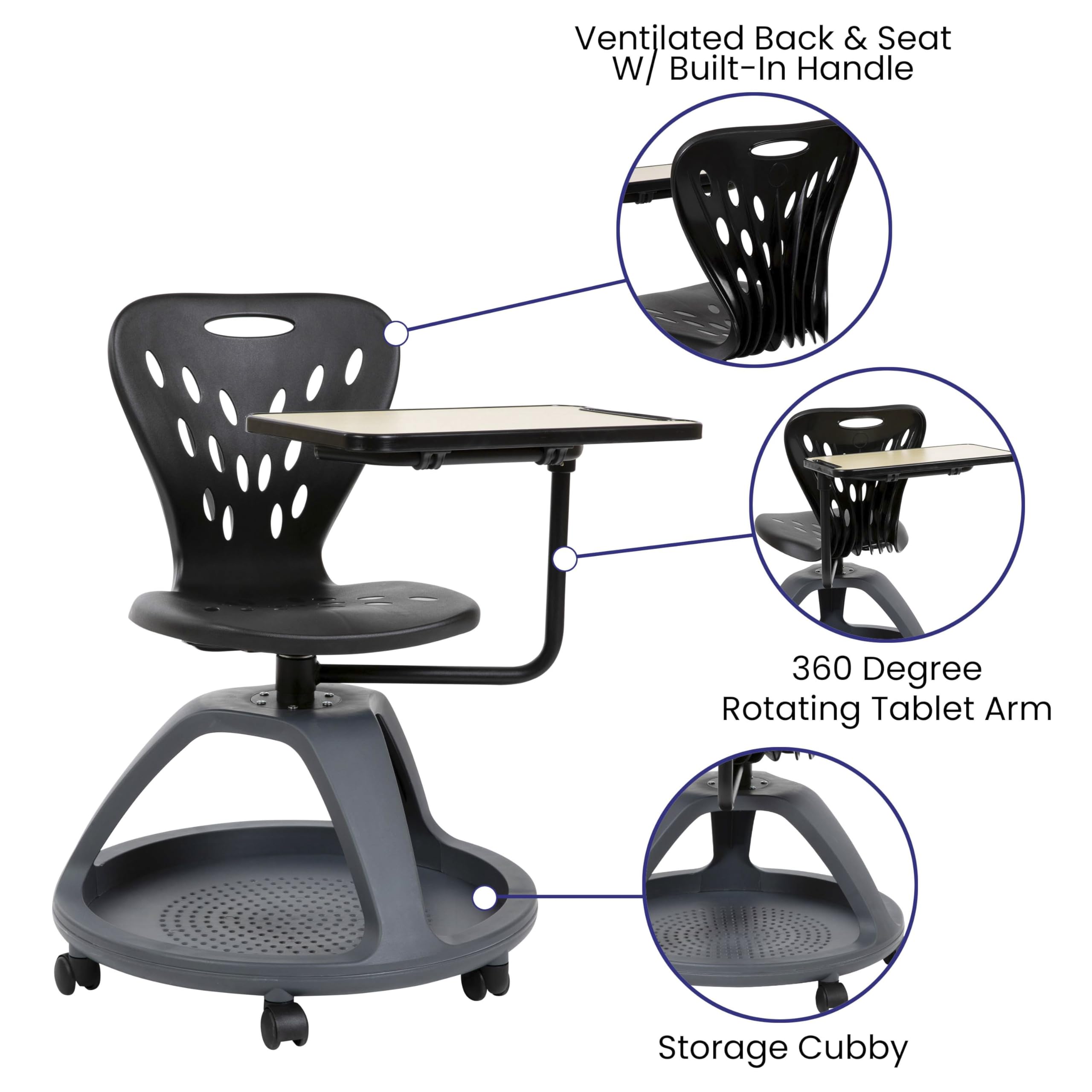 Ergonomic Black Mobile Desk Chair with 360° Swivel & Tablet Holder | Under Seat Storage Organizer | Perfect for Home Office, Gaming & Study Spaces