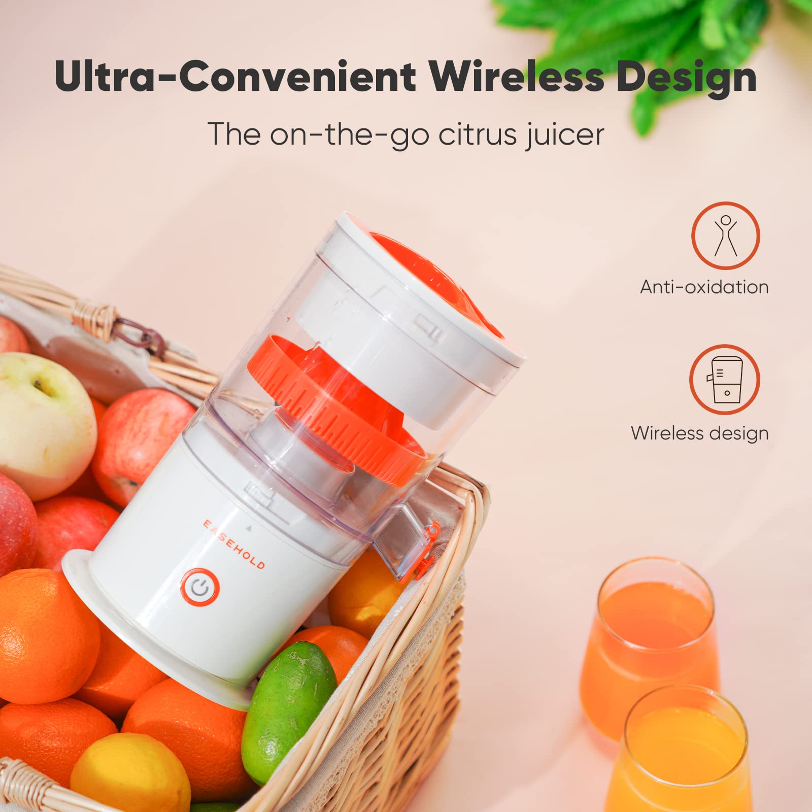 EASEHOLD Electric Citrus Juicer - Rechargeable USB Portable Orange/Lemon/Lime/Grapefruit Squeezer with 2 Juicer Cones | Hands-Free Automatic Fruit Juicer for Kitchen, Breakfast, Bar, Restaurant & Outdoor Use