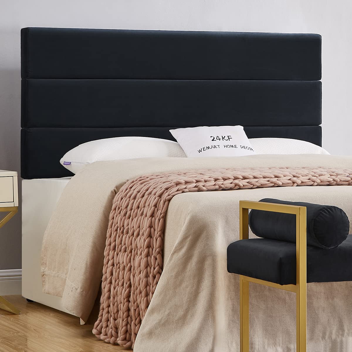 24K Gold Palisades Upholstered Velvet Queen Headboard - Slim Profile Modern Design - Full/Queen Size Bed Frame - Black Velvet Luxury Headboard for Master Bedroom Decor & Guest Room Upgrade