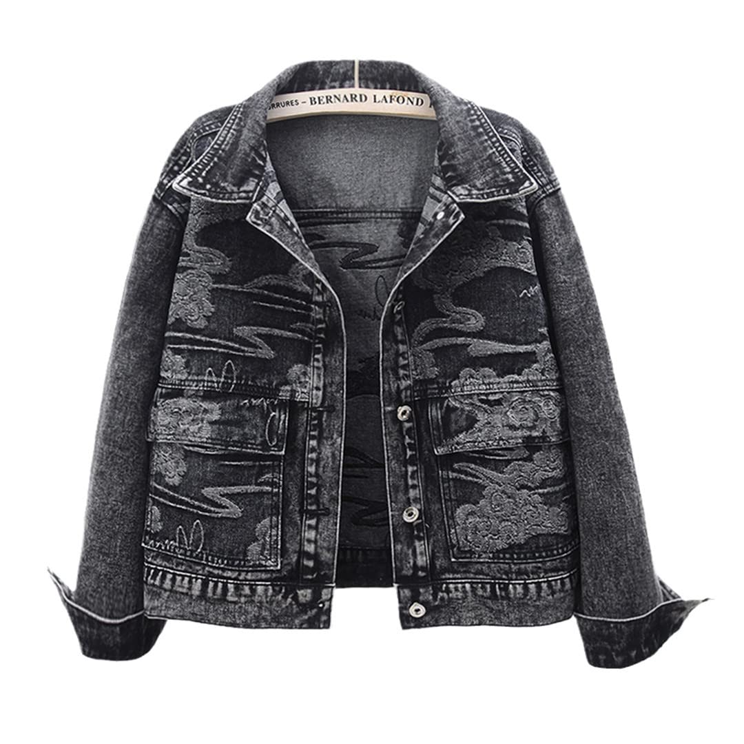 Stylish Korean Print Denim Jacket for Women - Big Pockets, Loose Fit, Long Sleeve Black Cowboy Coat (Perfect for Spring & Fall Layering, Casual Outings & Streetwear Fashion)