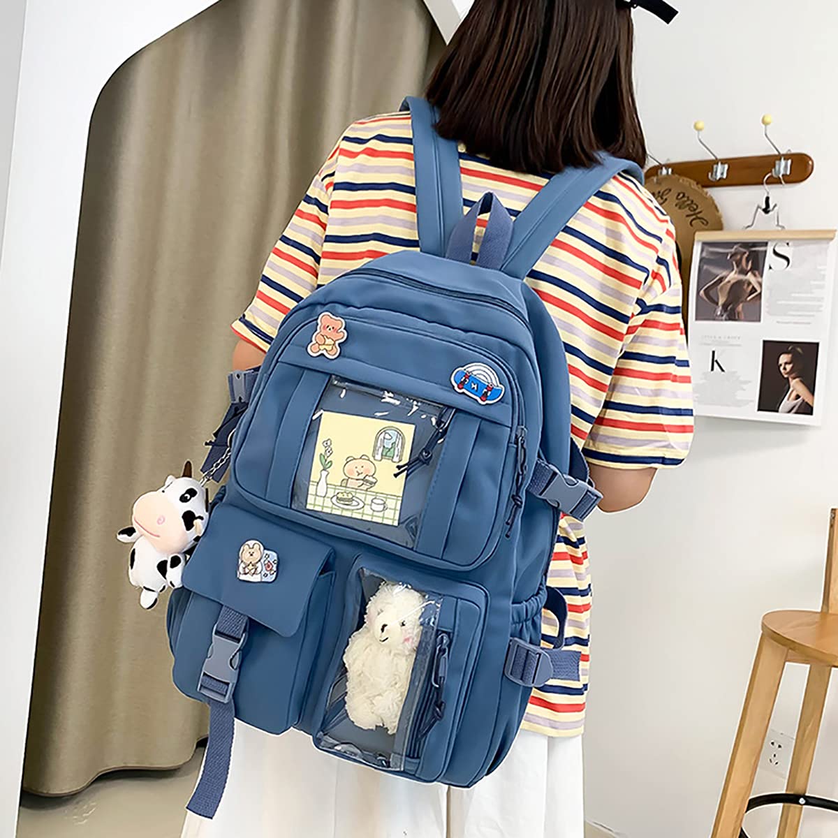 Cute Kawaii Aesthetic Backpack with Badge Pins & Keychain Pendant - Lightweight Travel Backpack for School, College, Anime Conventions & Daily Use
