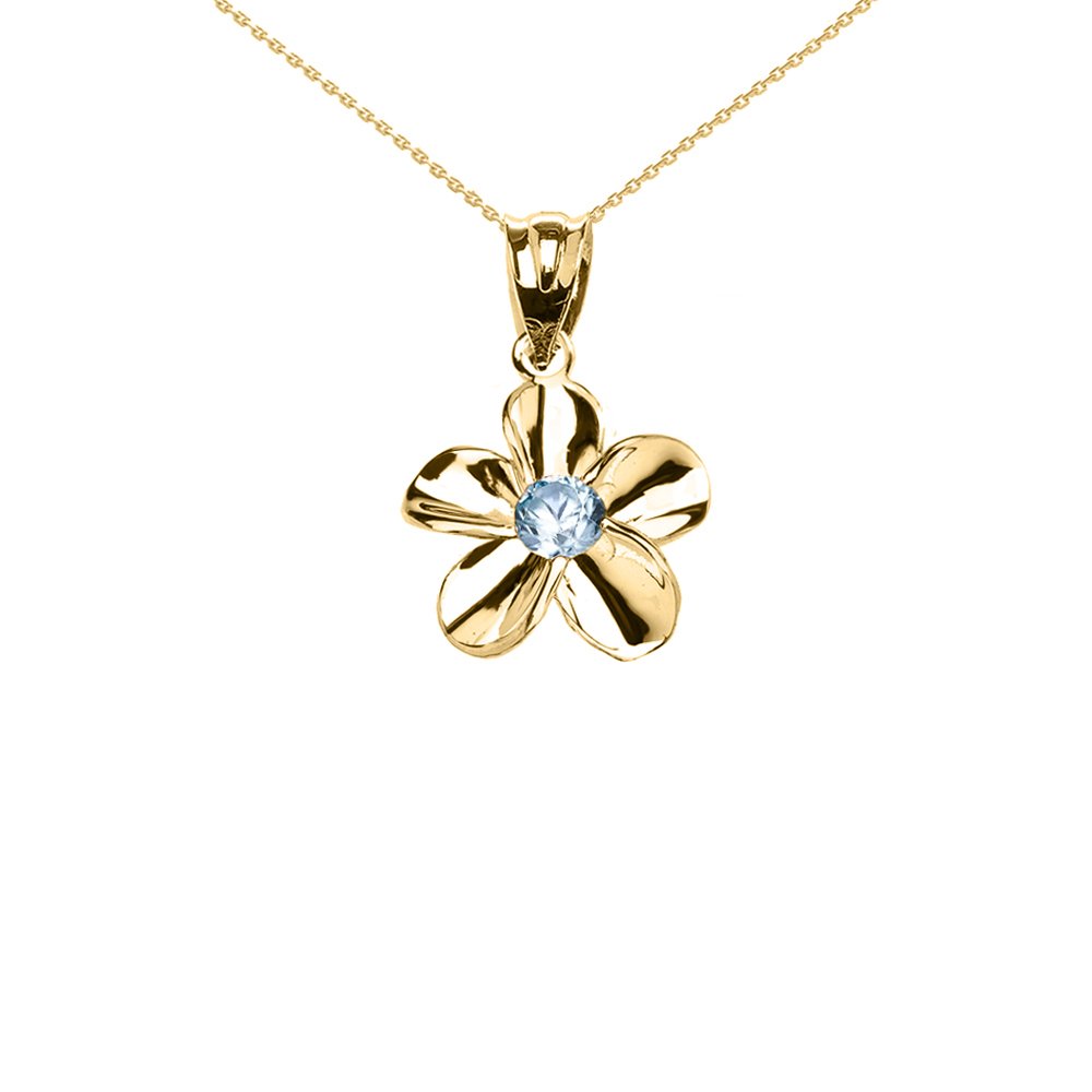 14K Yellow Gold Hawaiian Plumeria Blue Zircon Elegant Pendant Necklace for Women - Perfect for Beach Weddings, Summer Vacations & Tropical Gift Giving