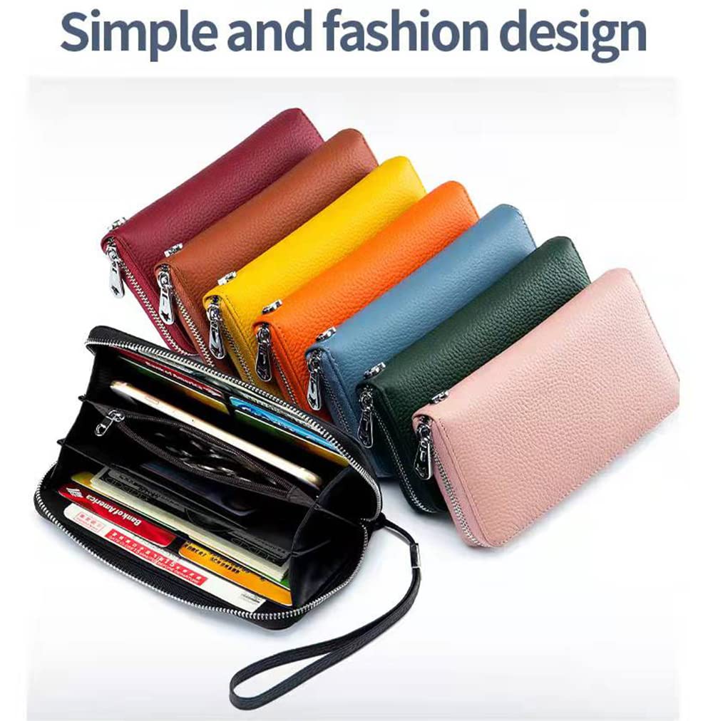 ROER Women's RFID Blocking Genuine Leather Wristlet Wallet - Large Capacity Clutch Purse with Wrist Strap, Zipper Pockets for Phone, Checkbook & Coins (Pink) | Perfect for Travel, Shopping & Everyday Use