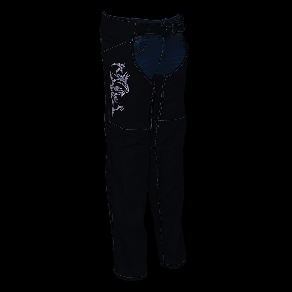 Milwaukee Leather SH1182 Women's Black & Pink Motorcycle Chaps with Tribal Embroidery - Durable Textile Riding Chaps for Women Bikers, Perfect for Harley Davidson & Cruiser Motorcycles