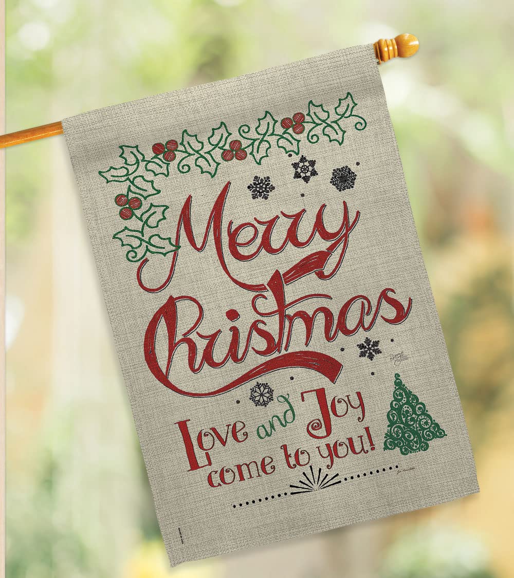 Christmas Decorative Flag Set w/Flagpole - Love & Joy Linen Winter Kit for Home & Garden Decor