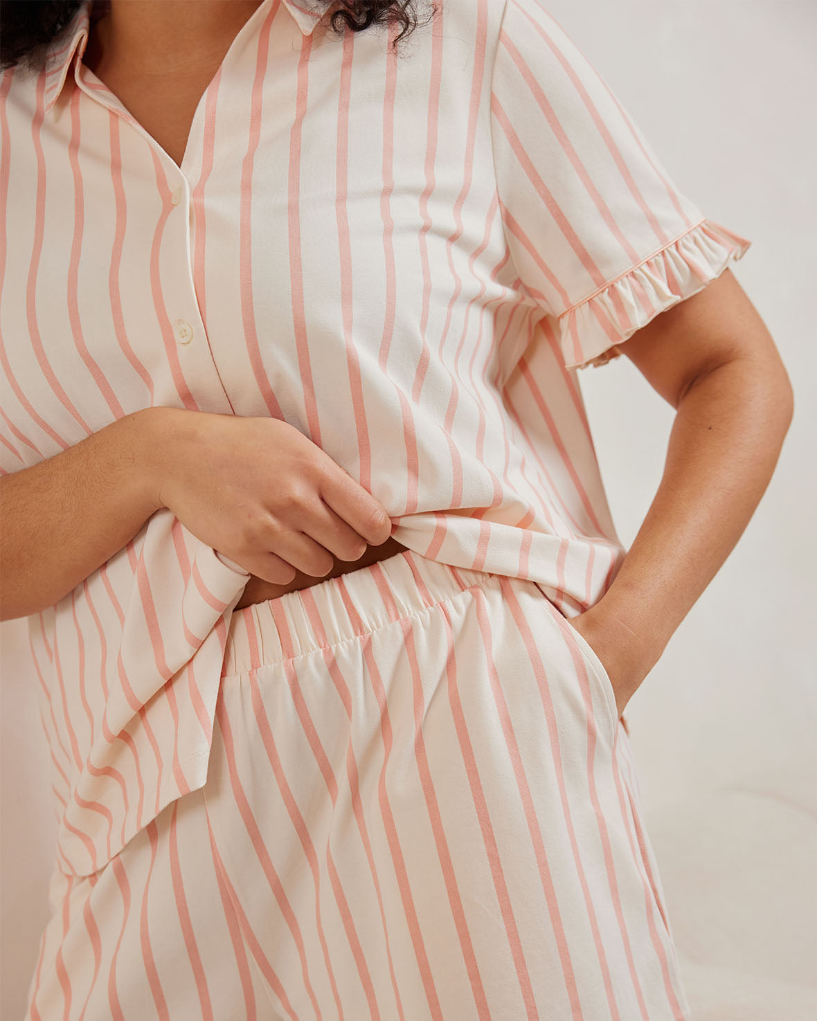 Organic Cotton Pink Striped Frill Short Pajama Set for Women - Soft & Comfortable Sleepwear for Summer Nights, Lounge Wear, and Relaxing at Home