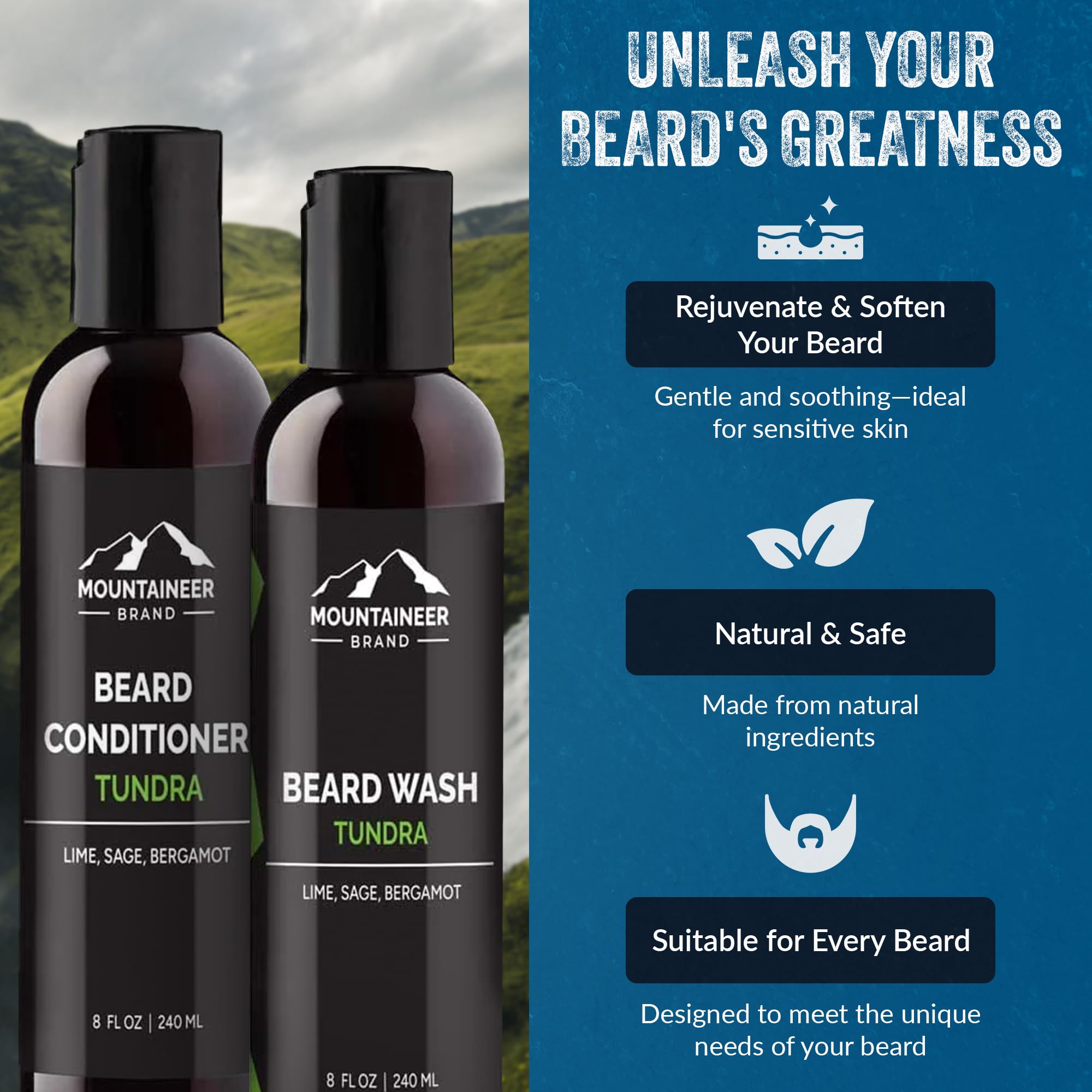 Mountaineer Brand Basic Beard Bundle - Beard Wash & Conditioner Set for Men | Deep Cleansing Beard Shampoo & Hydrating Conditioner | Softens & Nourishes Facial Hair | Lime & Sage Scented (2 x 8oz) | Perfect for Daily Grooming & Beard Care Routine