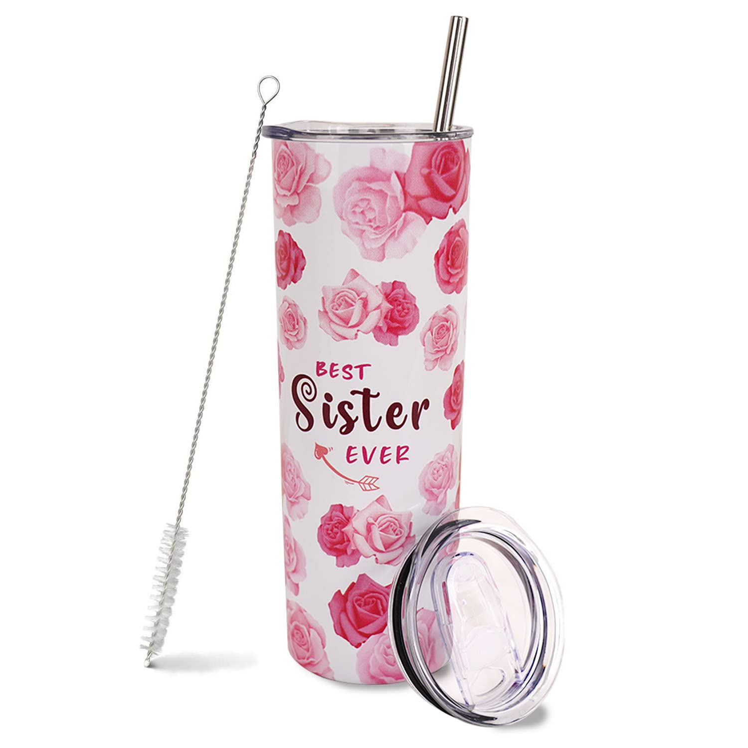 **Pink Floral Tumbler with Lid & Straw - 20oz Insulated Travel Mug for Iced Coffee, Best Sister Gift for Birthday, Christmas & Everyday - Cute Sister Tumbler for Women & Girls**    *(Use Cases: Perfect for travel, work, school, or relaxing at home – keeps drinks cold for hours!)*