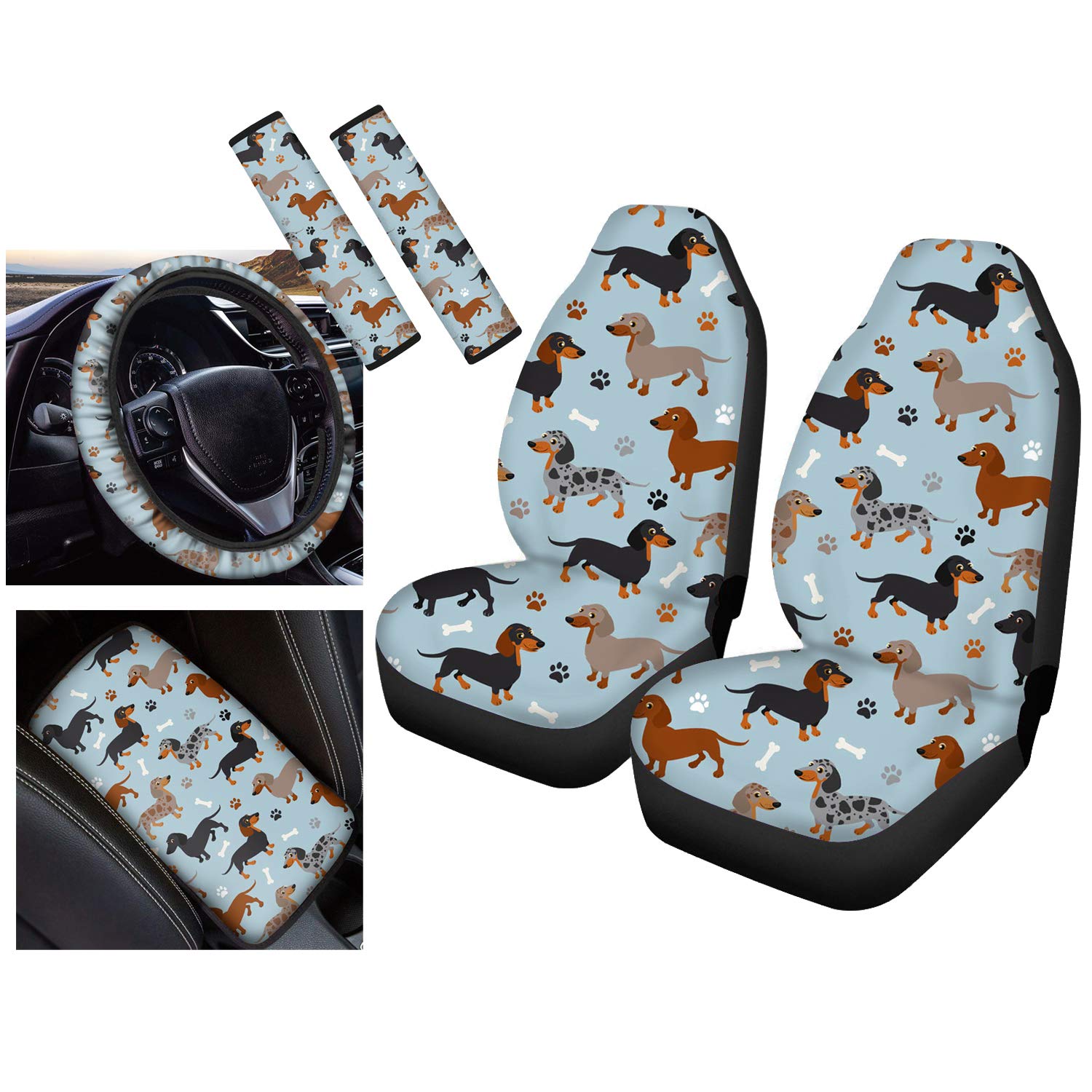 Dachshund Paw Print Car Seat Covers Full Set - Front Seats, Steering Wheel Cover, Center Console Pad & Seat Belt Cushion | Universal Fit for Sedan, SUV, Van | Pet Lover Accessories for Comfort & Style