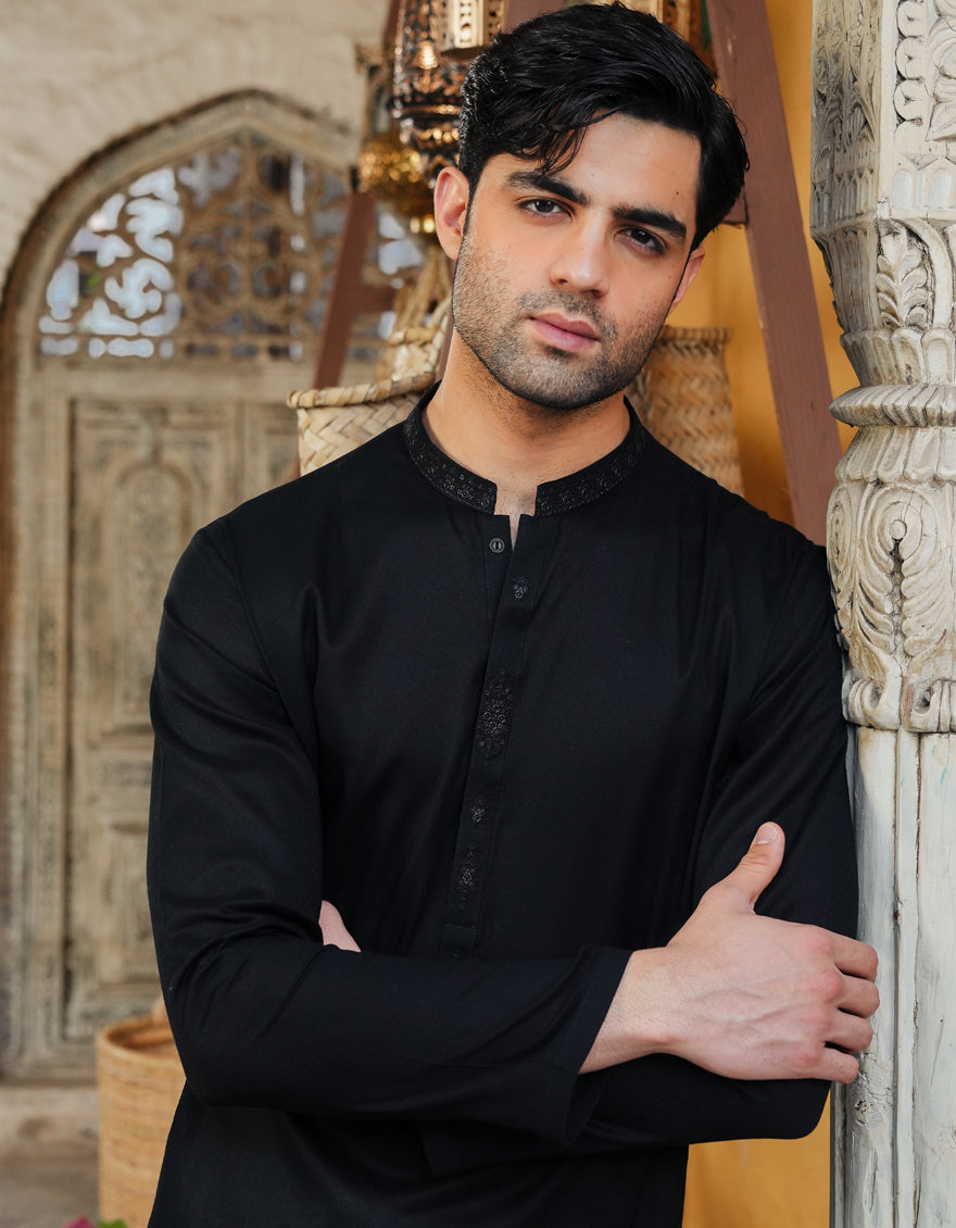 Premium Cotton Black Kurta by J. Junaid Jamshed - Stylish Pakistani Traditional Wear for Men - Perfect for Eid, Weddings & Cultural Events