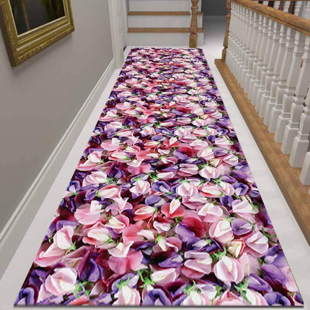 Purple Pink Floral Landscape Carpet Runner - Non-Slip Area Rug 51x157 Inches (130x400cm) for Living Room, Bedroom, Hallway Decor
