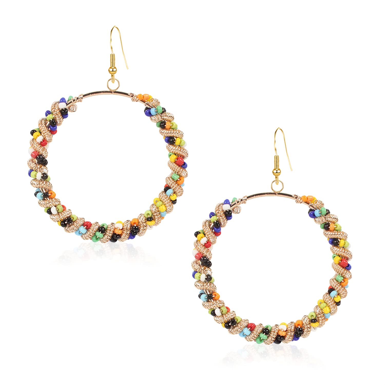Handmade Boho Colorful Love Heart Beaded Hoop Earrings for Women - Bohemian Circle Round Beaded Dangle Drop Earrings, Unique Chic Oval Geometry Jewelry - Perfect for Festivals, Parties & Gift Giving