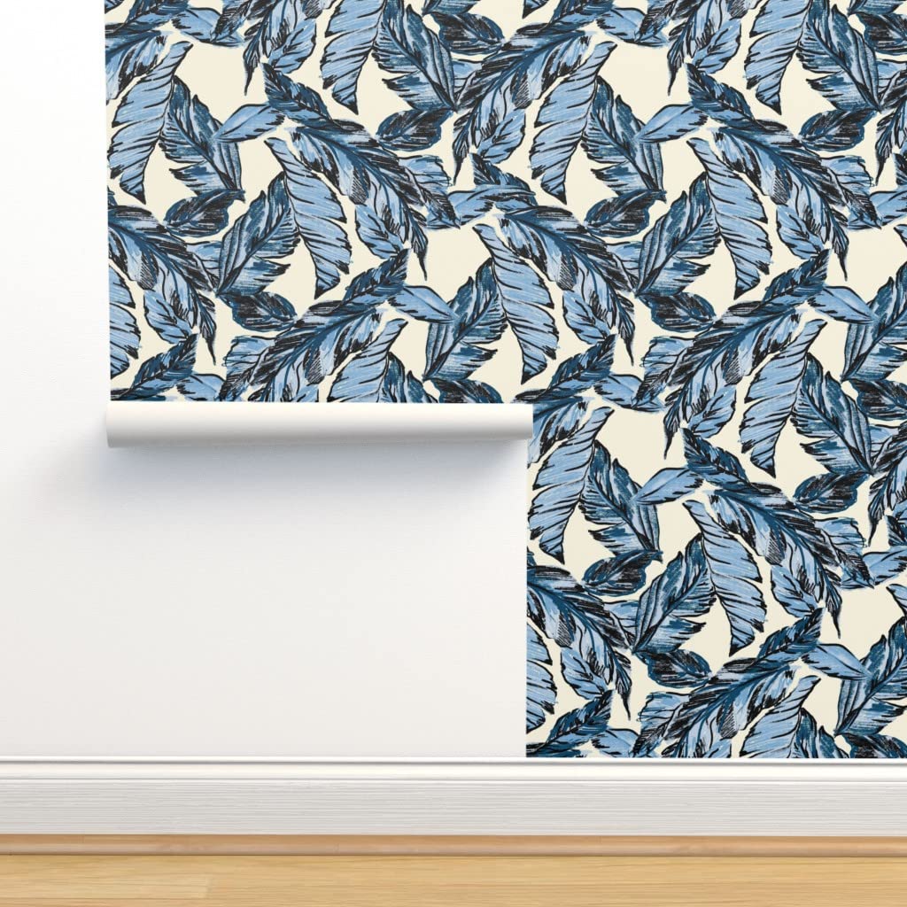 Peel & Stick Removable Wallpaper Swatch - Tropical Palm Leaf Banana Tree Design in Indigo Blue & Navy | Custom Self-Adhesive Wallpaper by Spoonflower | Perfect for Nursery, Bedroom & Home Decor