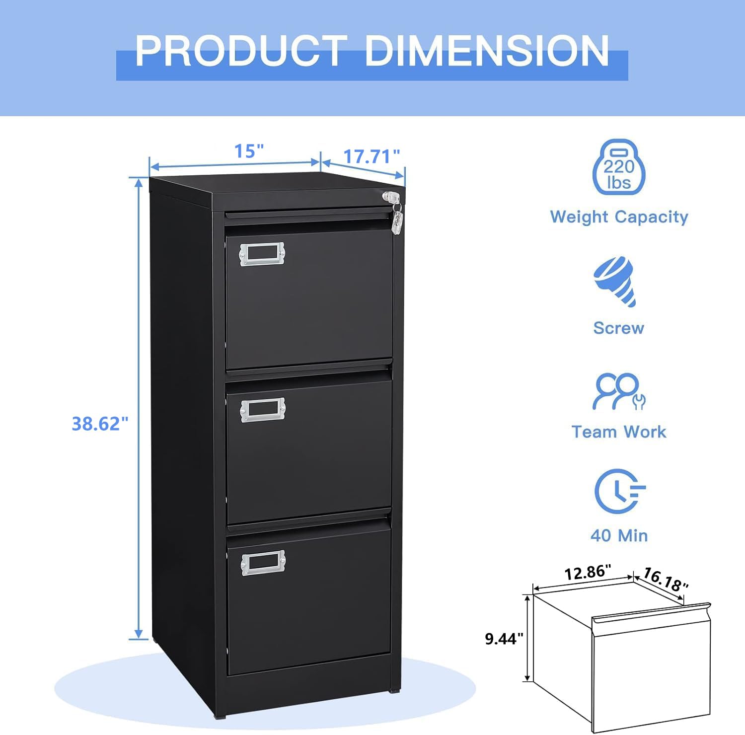 Yizosh 3-Drawer Black Locking File Cabinet - Metal Vertical Office Storage Organizer for Legal/A4 Documents - Secure Home & Office Filing Solution for Paperwork Organization