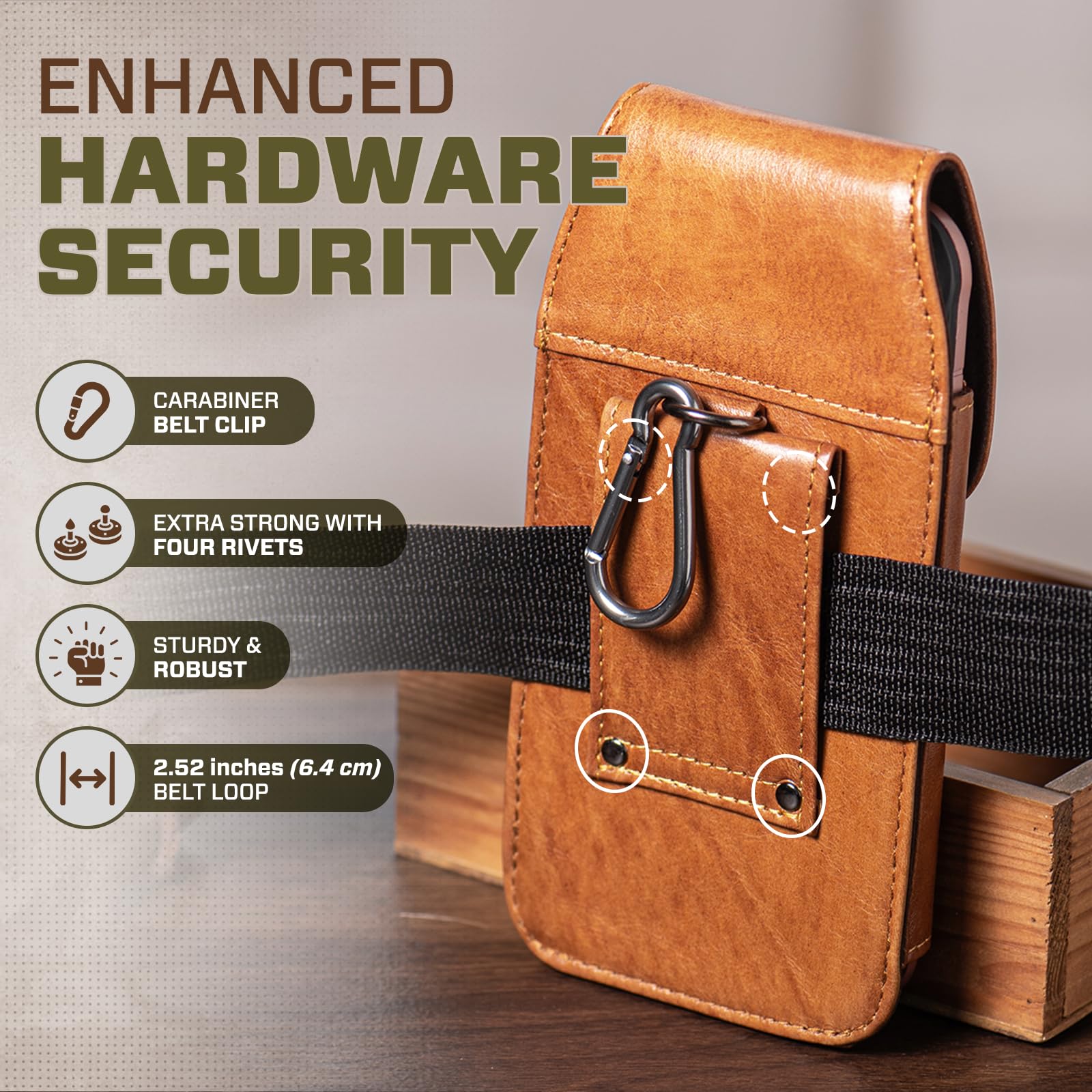 Premium Genuine Leather Phone Holster with Belt Clip - Compatible with iPhone 16 Plus/15 Pro Max/14 Pro Max/13 Pro Max & Samsung Galaxy A15/S24 Ultra/S23+ - Durable Brown Leather Phone Case for Men - Ideal for Construction Work, Office Professionals, Outdoor Adventures & Everyday Carry