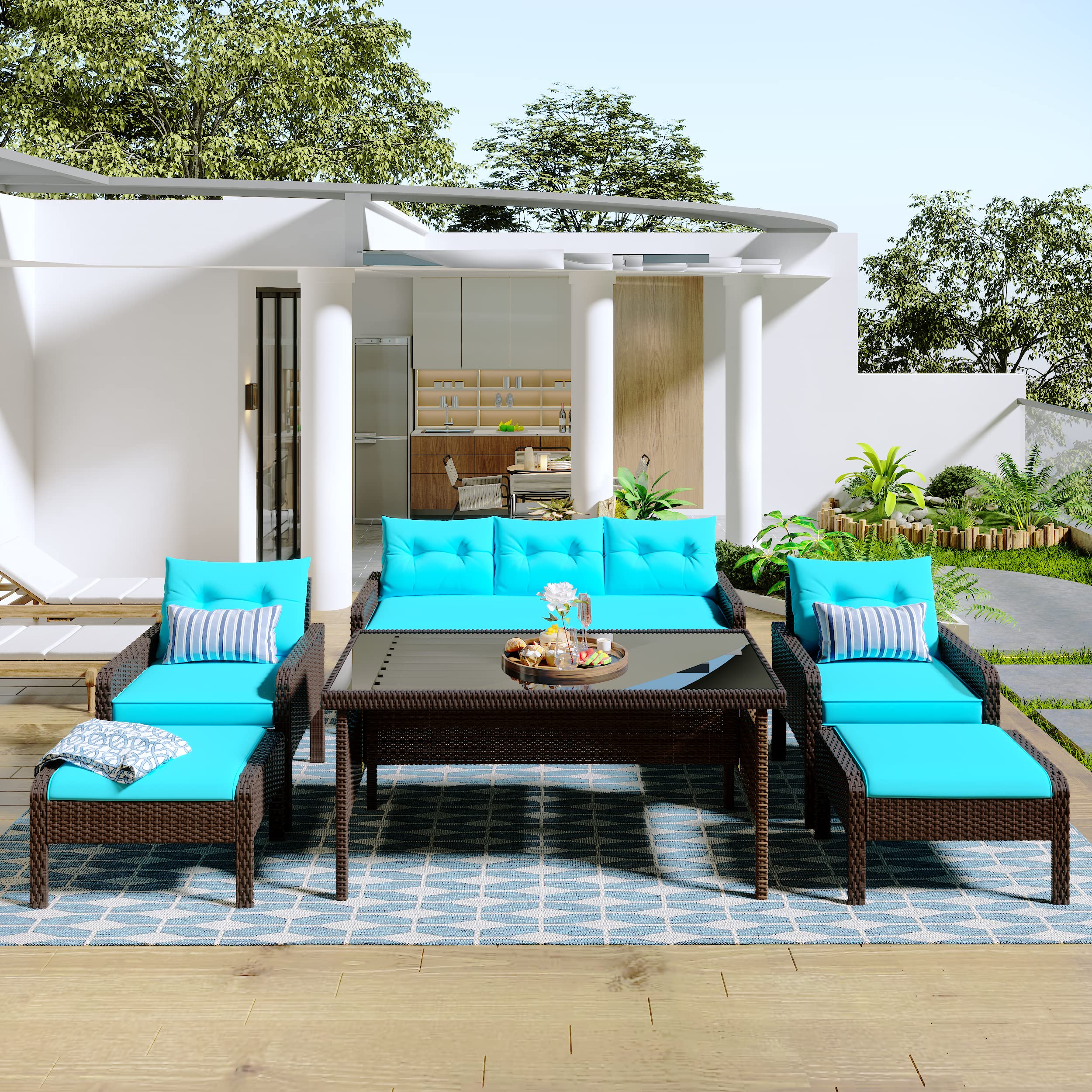 Merax 6-Piece Outdoor Patio Dining Set - PE Wicker Rattan Sofa Set with Cushions & Tempered Glass Coffee Table - Brown & Blue - Perfect for Backyard, Garden, Poolside & Outdoor Entertaining