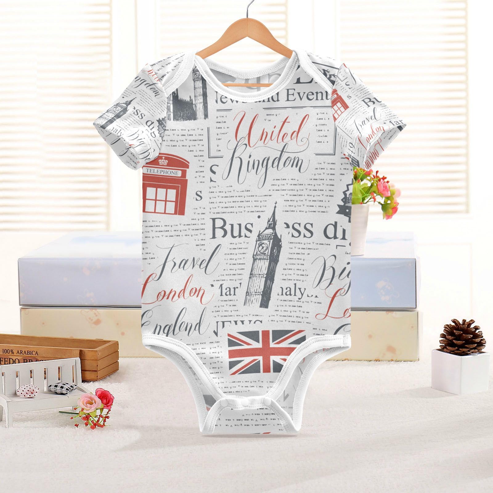 Stylish MCHIVER UK London Flag Baby Bodysuit - Soft Cotton Short Sleeve Onesie for Newborn Boys & Girls (0-24 Months) - Perfect for Travel, Photo Shoots & National Pride Outfits