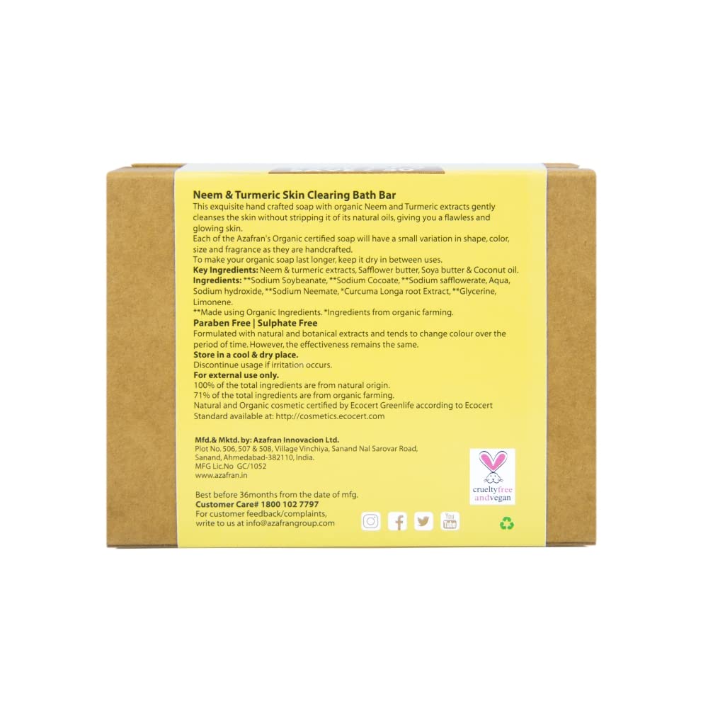 Organic Neem & Turmeric Soap Bar for Acne & Clear Skin - Handmade Deep Cleansing Face & Body Soap with Safflower, Soy Butter & Coconut Oil - All Skin Types - 100g (Pack of 3) - Perfect for Daily Skincare Routine & Sensitive Skin Care