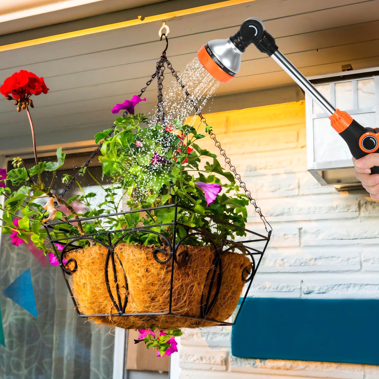 17.5 Inch Garden Hose Watering Wand with 8 Adjustable Spray Patterns & Thumb Flow Control - Pivoting Head Water Sprayer for Hanging Baskets, Shrubs, Flowers & Outdoor Plants | Perfect for Gardening, Lawn Care & Window Cleaning