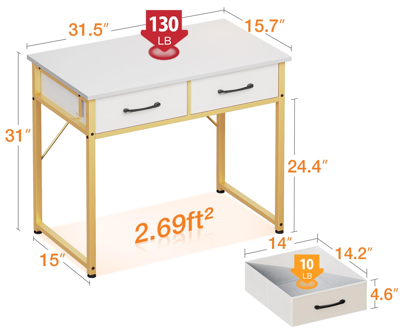 ODK 32 Inch White and Gold Makeup Vanity Desk with 2 Fabric Drawers & Versatile Hook, Small Dressing Table for Bedroom, Girls Makeup Desk Without Mirror - Perfect for Small Spaces, Apartment Living & Beauty Routines