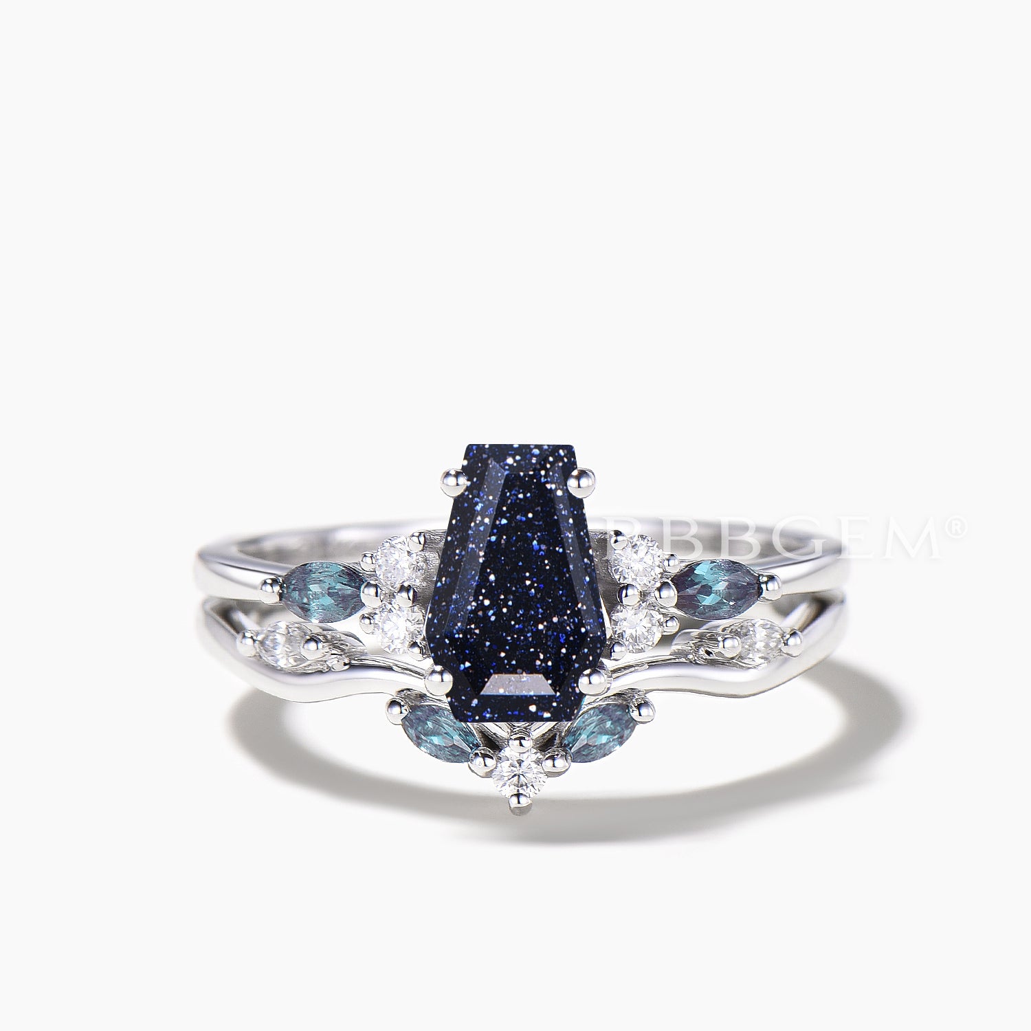 3pcs Coffin Blue Sandstone Cluster Bridal Set Alexandrite Diamond Engagement Ring for Women - Elegant Wedding Jewelry, Perfect for Proposals, Anniversaries & Special Occasions