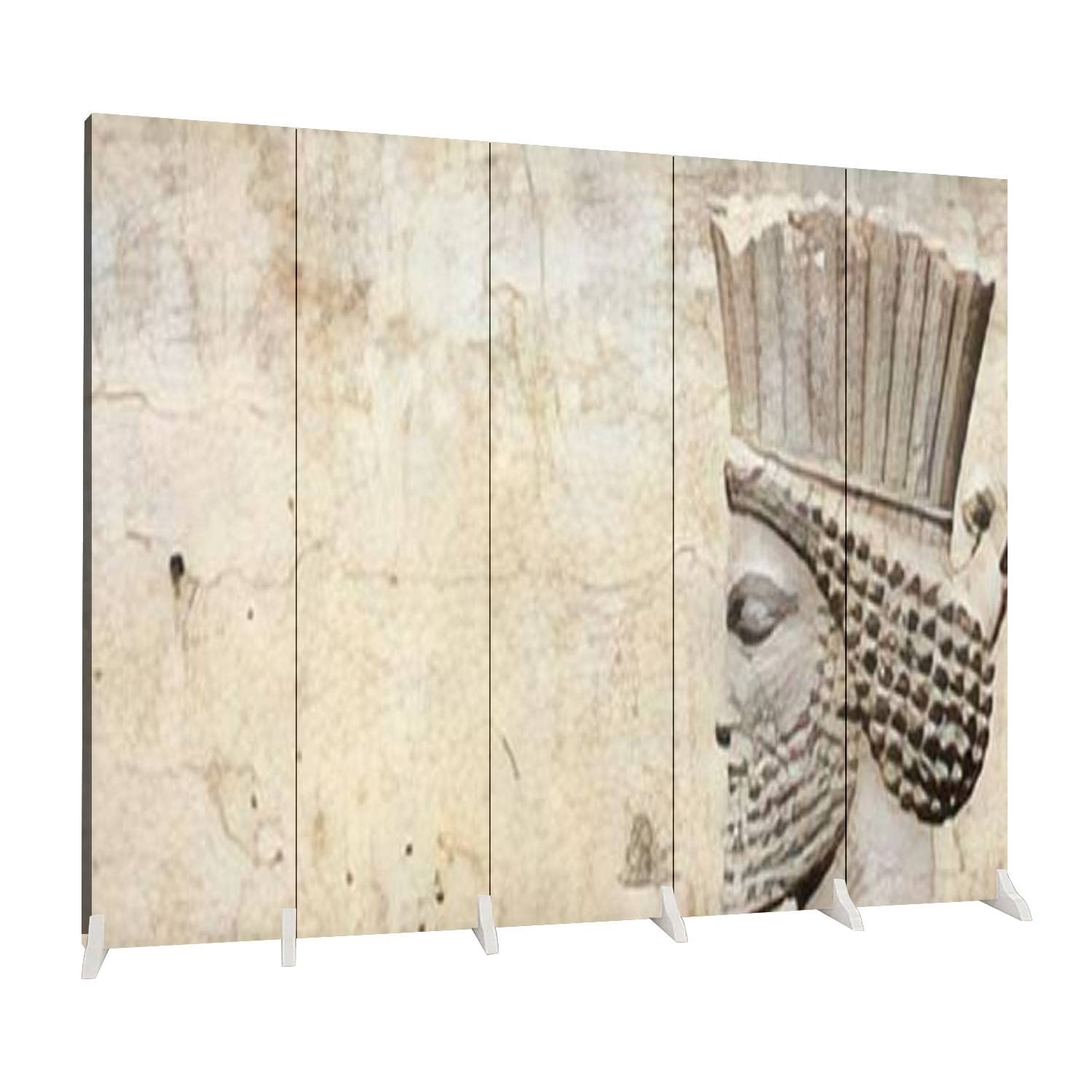 5-Panel Folding Canvas Room Divider with Ancient Assyrian Persepolis Bas-Relief Design - Freestanding Privacy Screen for Home, Office & Events | Indoor Protective Partition & Decorative Wall Separator