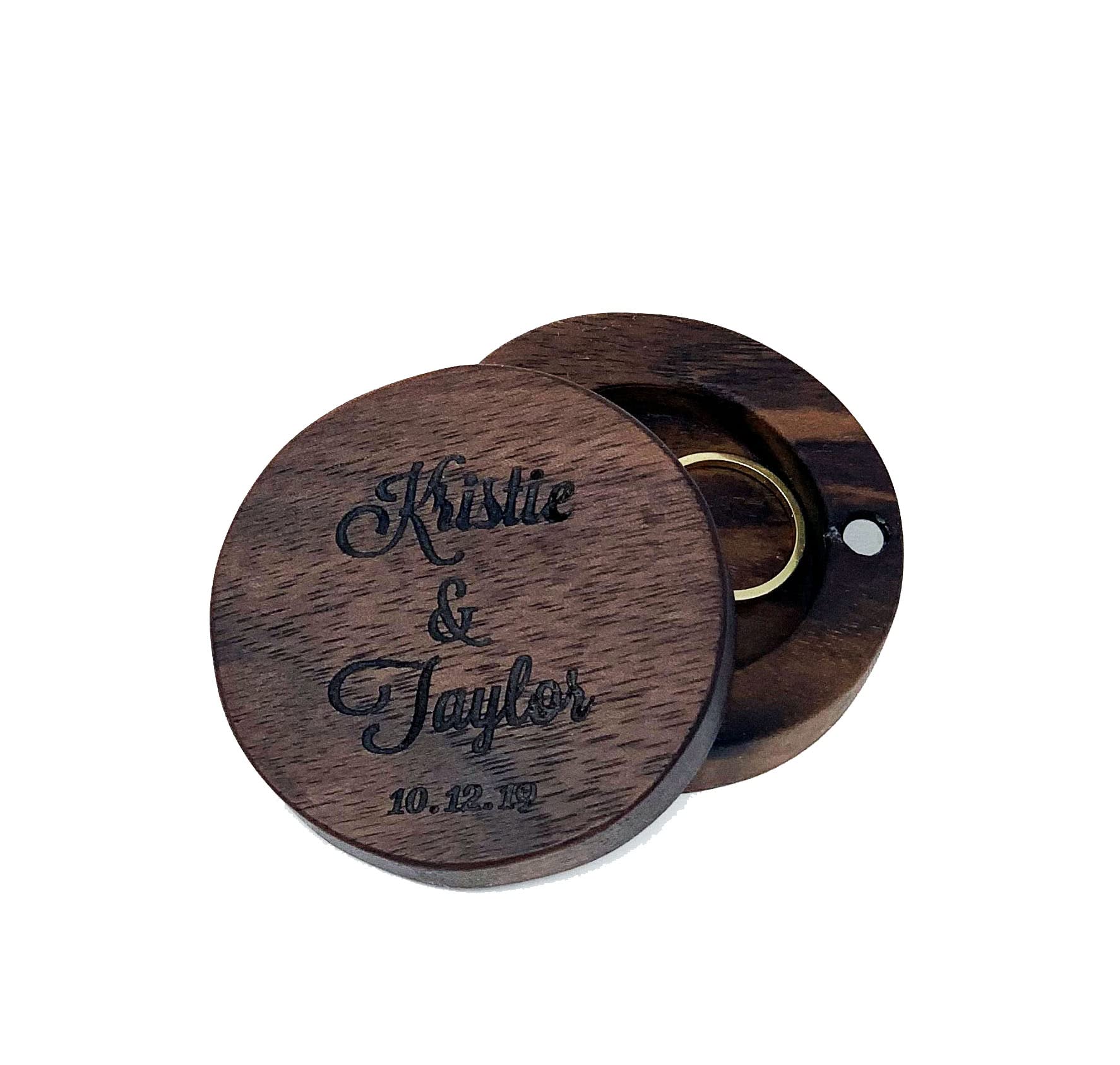 Personalized Wooden Ring Box for Wedding Ceremony - Round Rustic Ring Bearer Box, Vow Renewal Gift, Ring Pillow Alternative - Perfect for Proposals, Engagements & Anniversaries - Walnut Dark Wood Finish