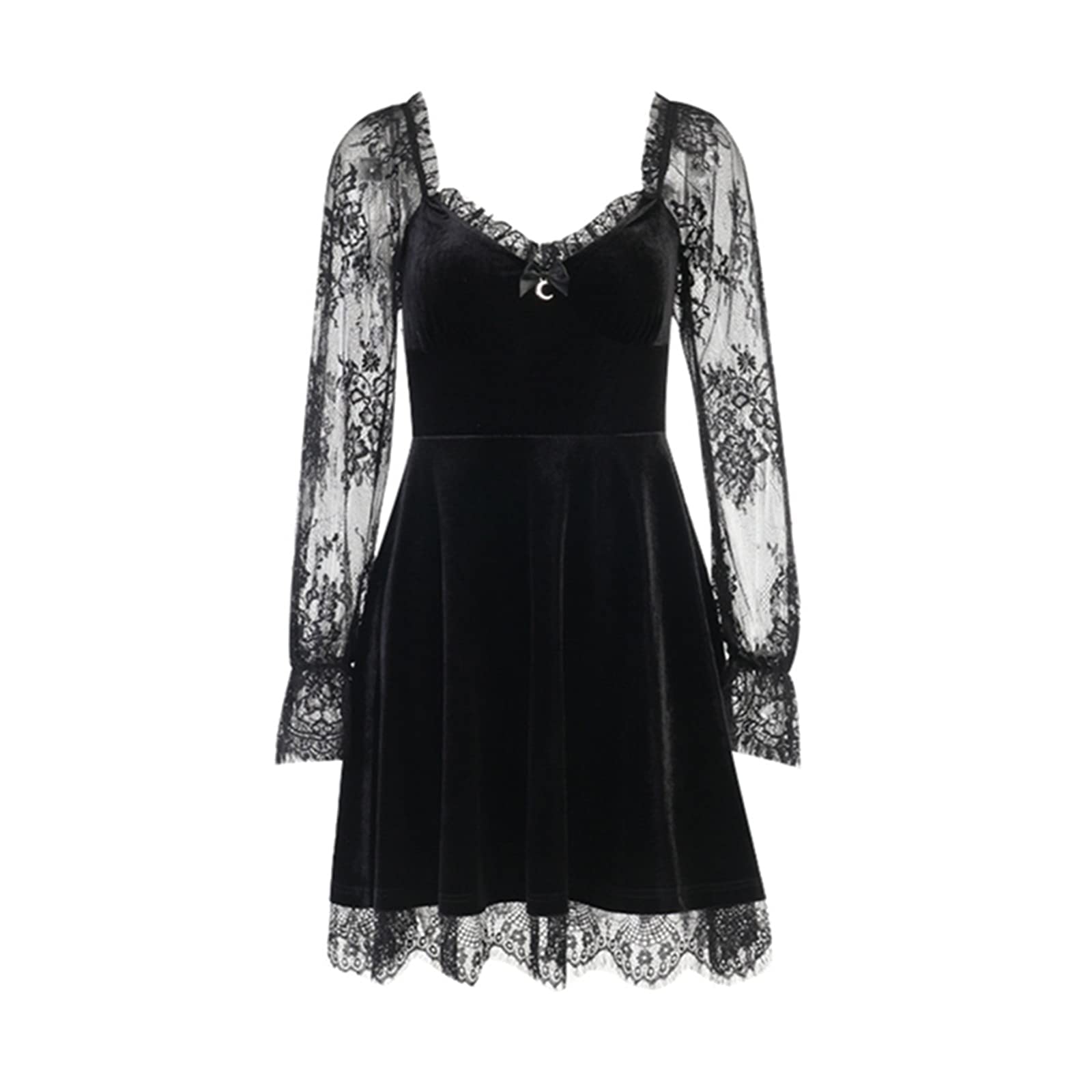 Gothic Lace Velvet Black Vintage Backless Punk Dress for Women | Grunge Goth Dresses for Halloween, Cosplay & Night Out