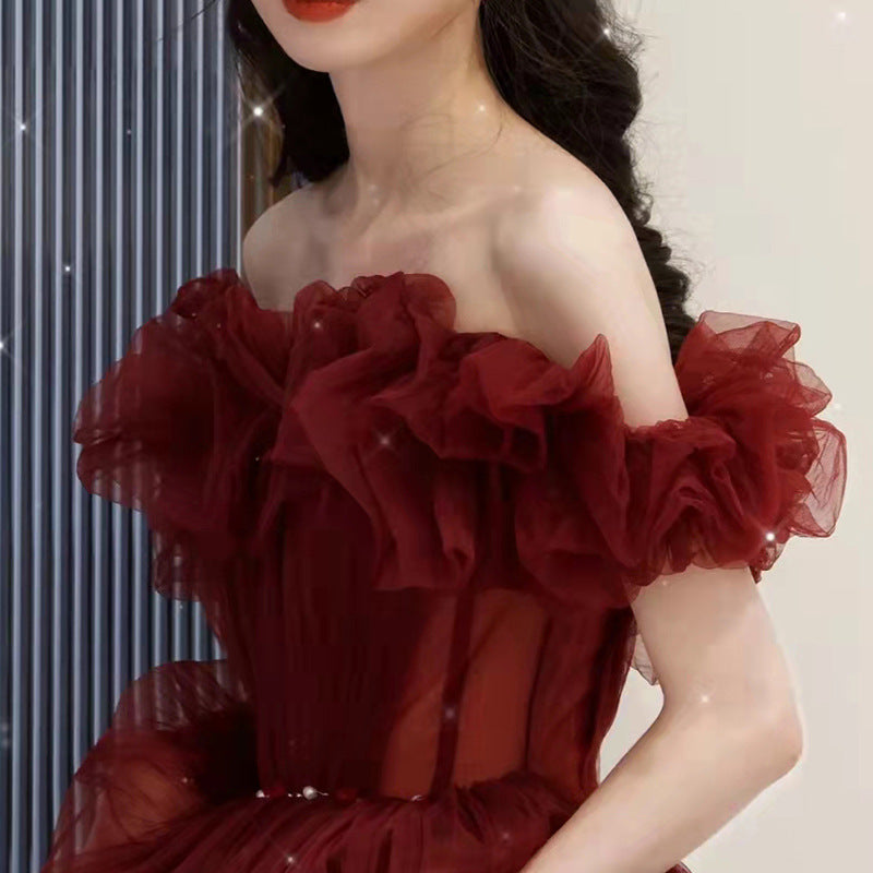 Elegant Burgundy One Shoulder Long Prom Dress with Tulle Skirt - Formal Evening Gown for Homecoming, Wedding & Special Occasions - Size 10