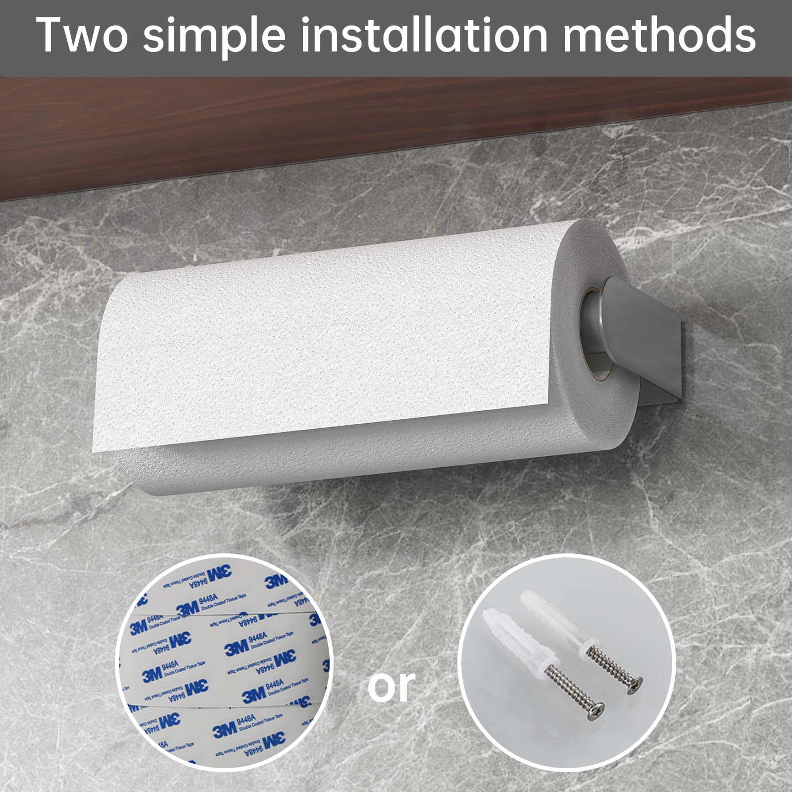 Premium SUS304 Stainless Steel Paper Towel Holder - Under Cabinet & Wall Mount Kitchen Towel Rack with Strong Self-Adhesive - Brushed Silver Finish | Perfect for Kitchen, Bathroom, RV & Office Organization