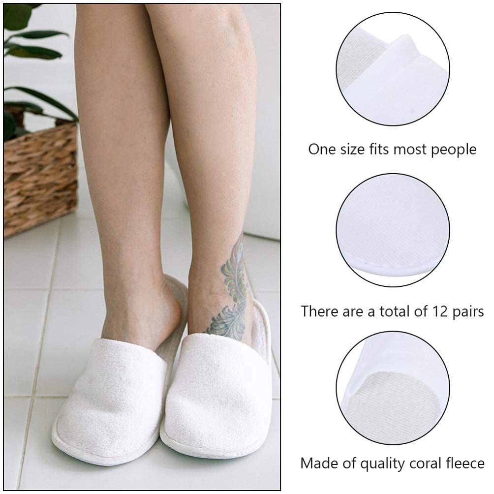 Lurrose 12 Pairs Disposable Closed Toe Hotel Slippers - Soft Coral Fleece Non-Slip Spa Slippers for Guests, Travel, Nail Salons & Home Use | Comfortable & Hygienic Footwear for Hotels, Spas & Relaxation