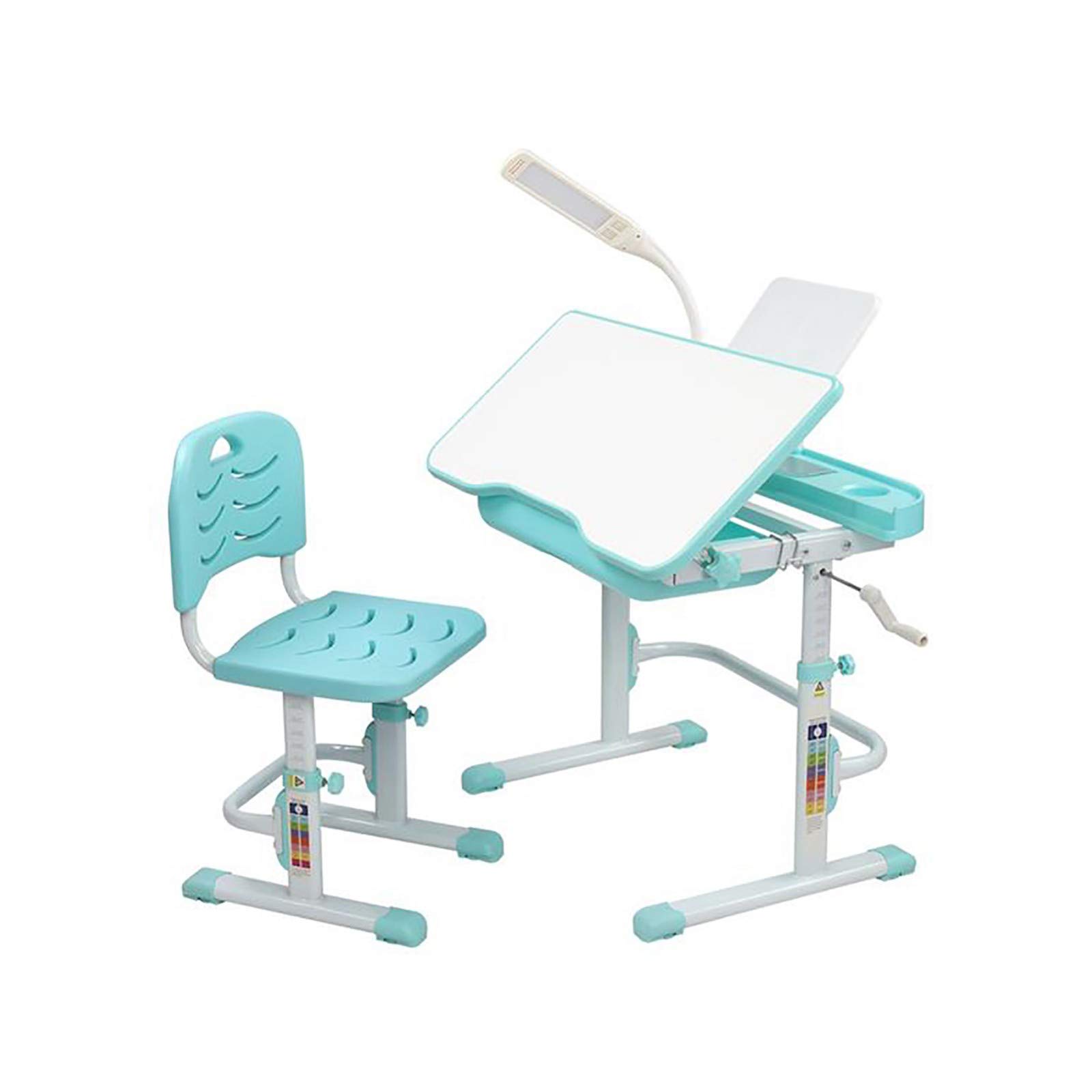 Adjustable Kids Study Table and Chair Set - 80CM Hand-Cranked Height Adjustable Tilt Top Children's Learning Desk with Reading Stand & USB Desk Lamp (Blue-Green) - Perfect for Homeschooling, Online Classes & Reading Activities