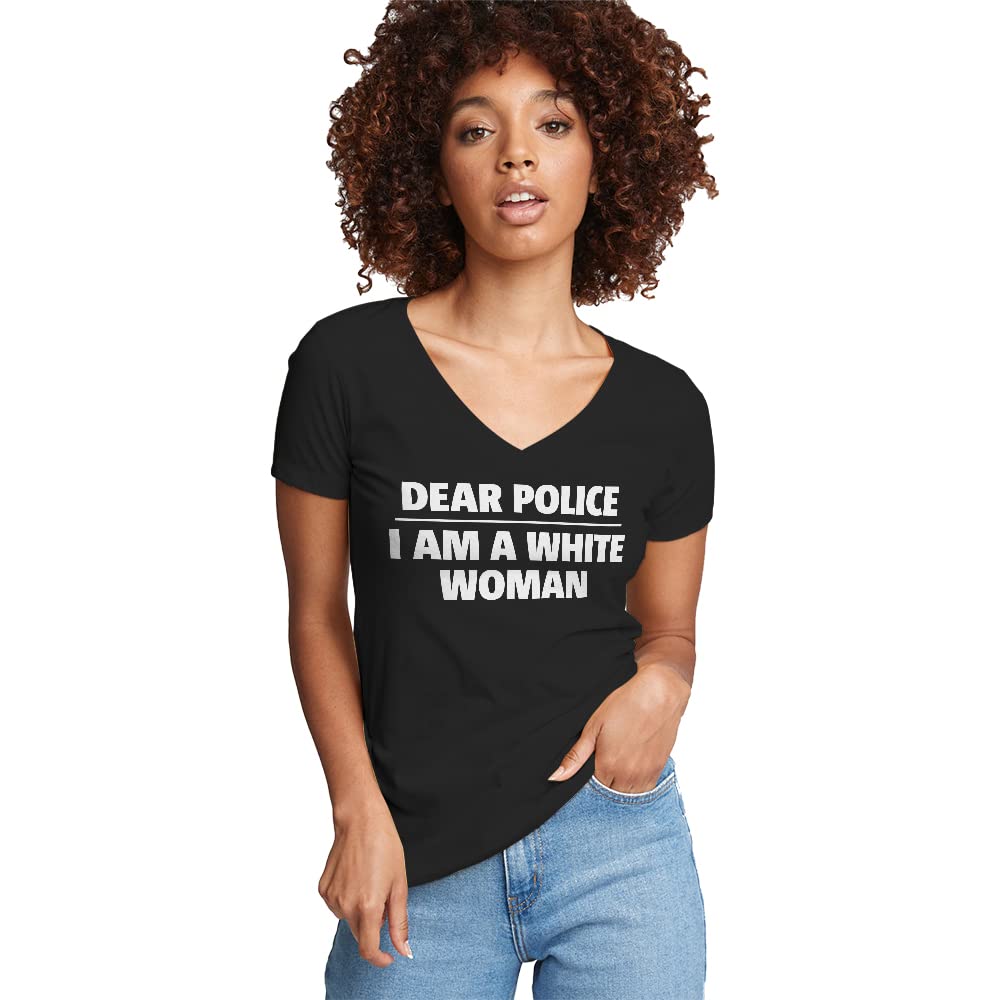 American Patriot Women's T-Shirt - 'Dear Police: I am a White Woman' V-Neck Tee - Comfortable Casual Wear for Patriotic Events & Everyday Outfits