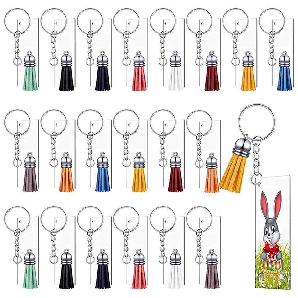 80-Piece Clear Acrylic Keychain Set - 20 Rectangle Blanks, 20 Tassels, 20 Key Rings & 20 Jump Rings for DIY Crafts, Gifts & Party Favors (One Size, Color A) - Perfect for Custom Keychains, Wedding Souvenirs & School Projects