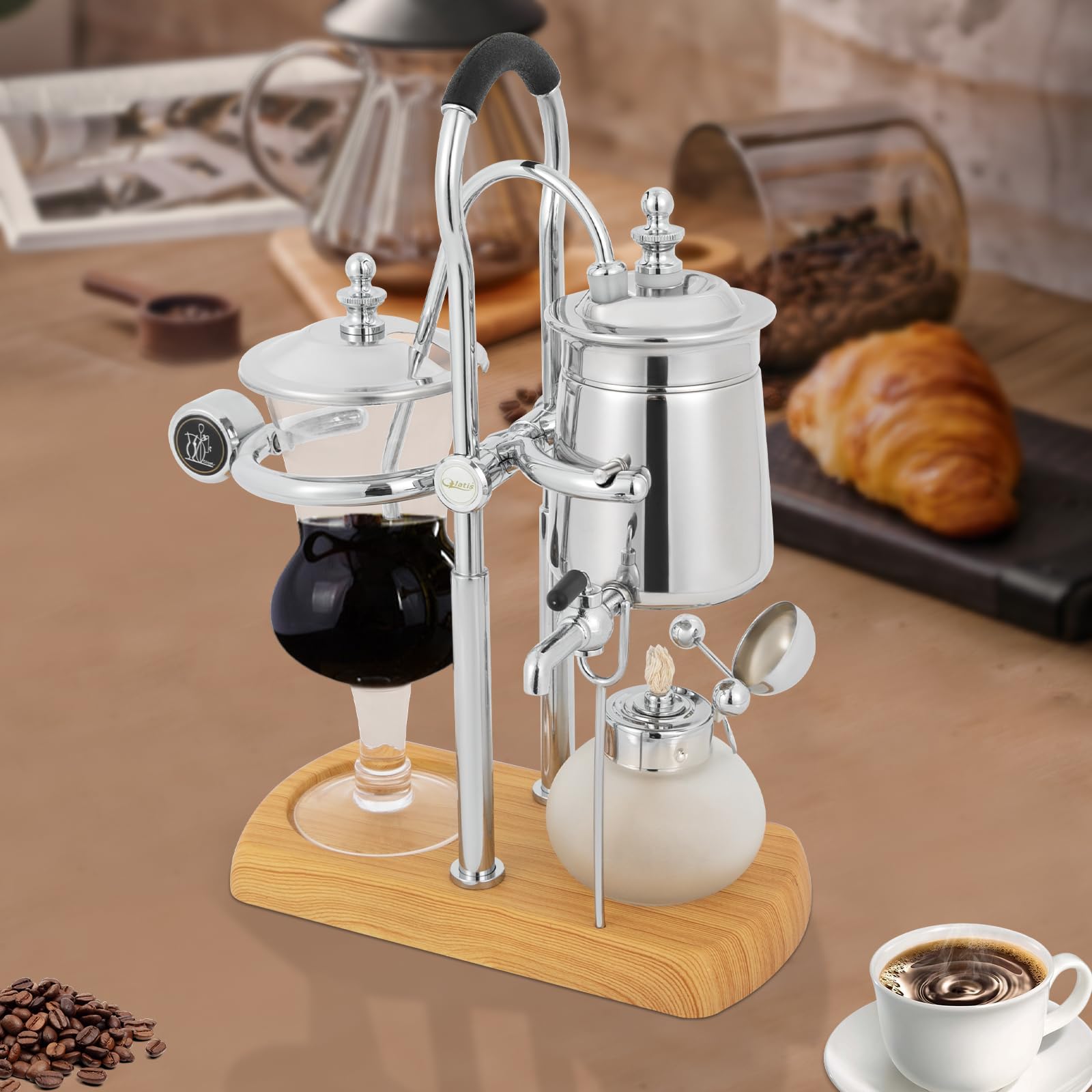 Premium Belgian Siphon Coffee Maker - 180° Rotating Faucet, Multi-Function for Coffee & Tea Brewing, Antique Design with Handle, 9.3x4.7x14.96 Inch Silver - Perfect for Home Baristas & Coffee Enthusiasts, Ideal for Kitchen, Office or Gift Giving