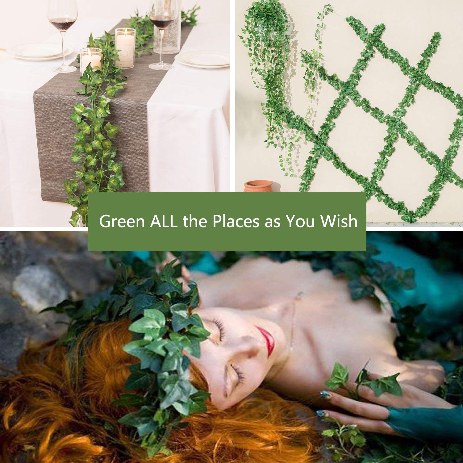 12 Pack Artificial Ivy Garland with Clips - Fake Vines for Room Decor, Green Hanging Plants, Faux Greenery Leaves - Perfect for Bedroom Aesthetic, Home Garden Wall, Wedding & Party Decorations